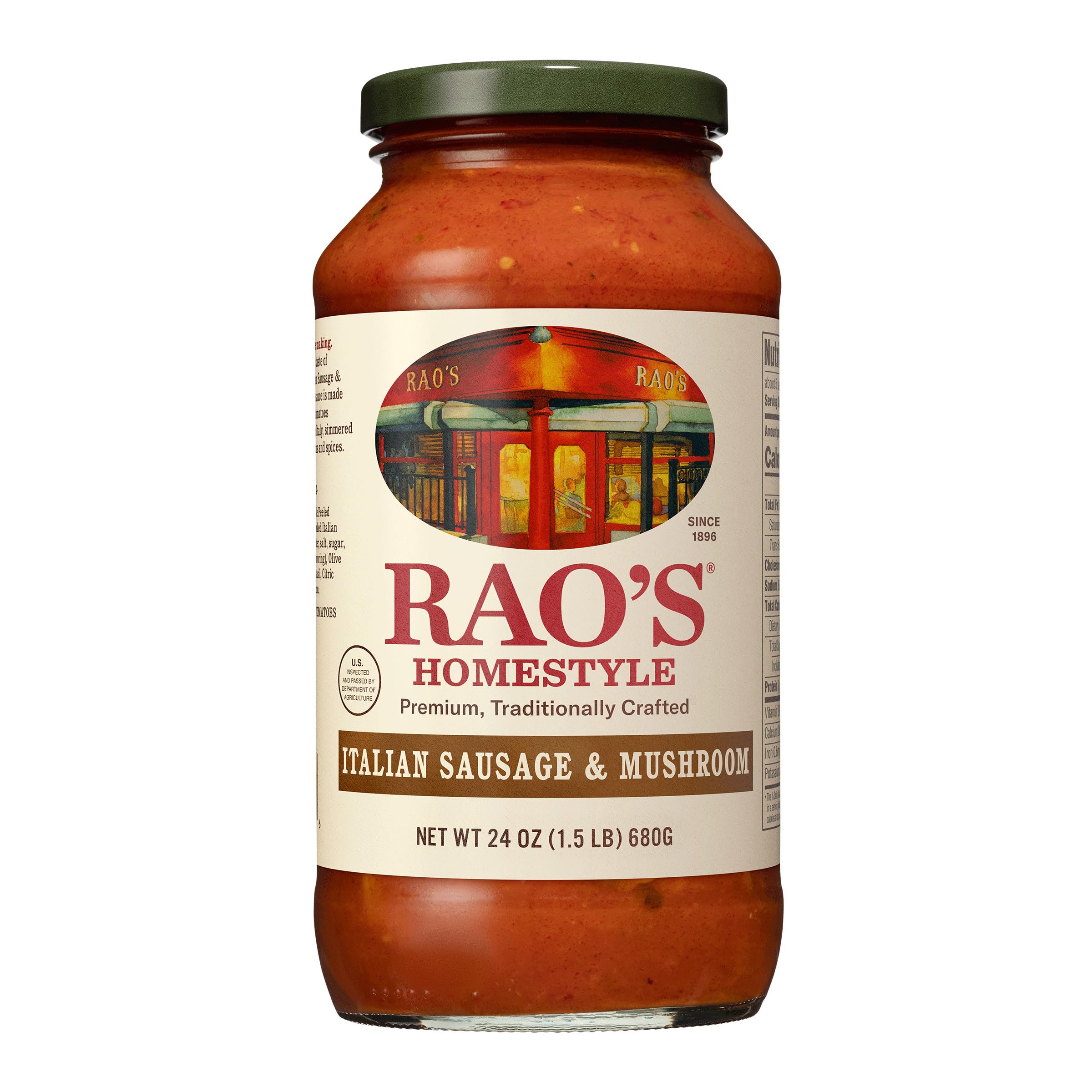 Rao's Homemade Sausage and Mushroom Sauce, 24 oz, All Purpose, Keto Friendly Pasta Sauce, Premium Quality Tomatoes from Italy, Sausage, and Mushrooms