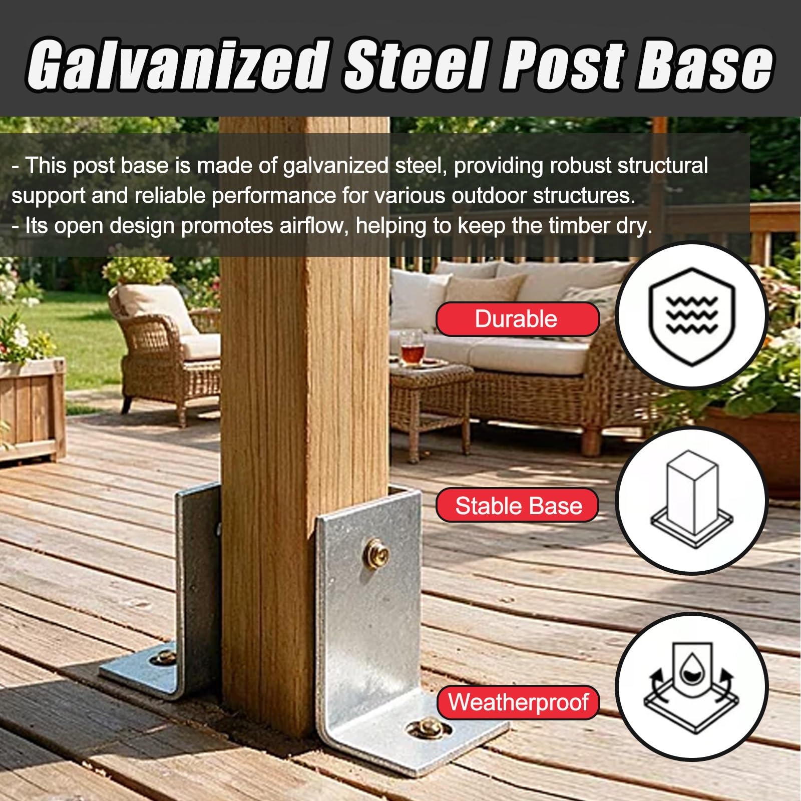 2 4 6 Pack Soporte Poste Madera Fácil Montaje Exterior | Anclaje de base poste acero galvanizado diseño abierto 3 lados pérgola/cerca/cubierta/jardín(2pcs,150x150mm/5.9x5.9'')