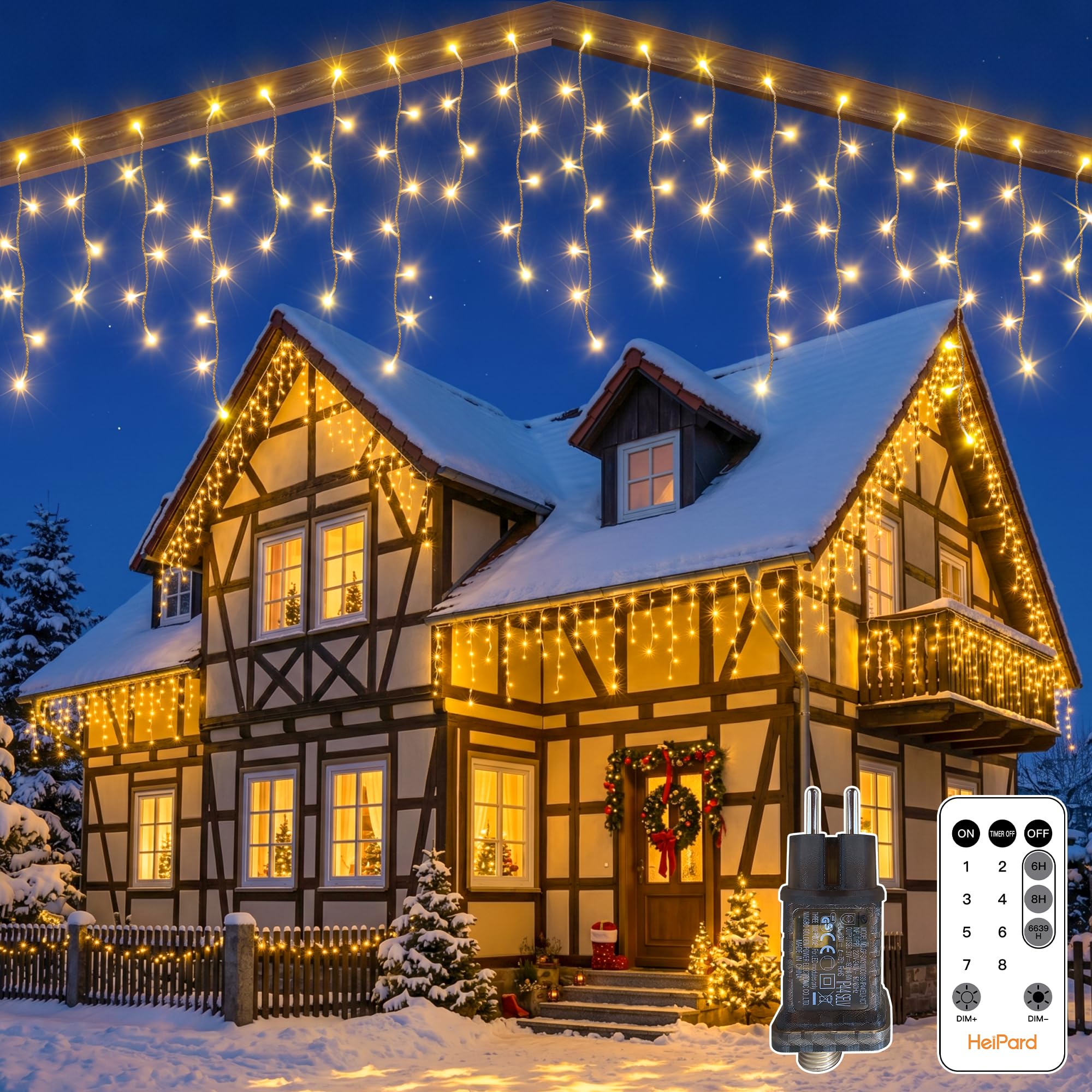 HeiPard Eisregen Lichterkette Außen 15 m Warmweiß mit Timer und IP44 | 8 Leuchtmodi mit Memory und Stecker; dichte Eisregen-Optik für Dachrinne, Balkon, Terrasse und Fenster