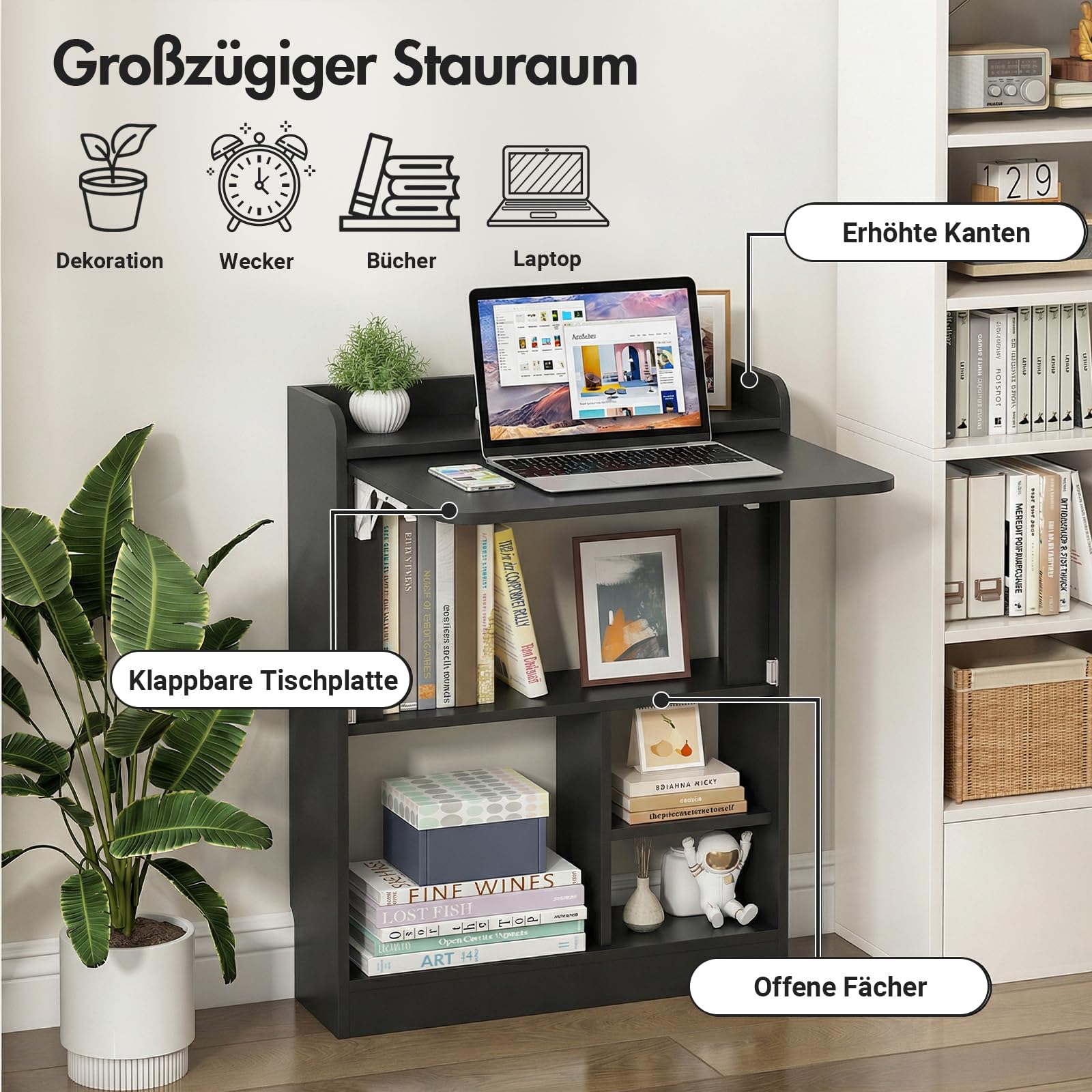 Schreibtisch Klappbar, Wandschreibtisch mit Ablagen & Regalfächern, Schwebender Laptoptisch & Klappbarer Wandtisch, Platzsparender Computertisch für Homeoffice & Büro, 64x20x82cm (Schwarz)