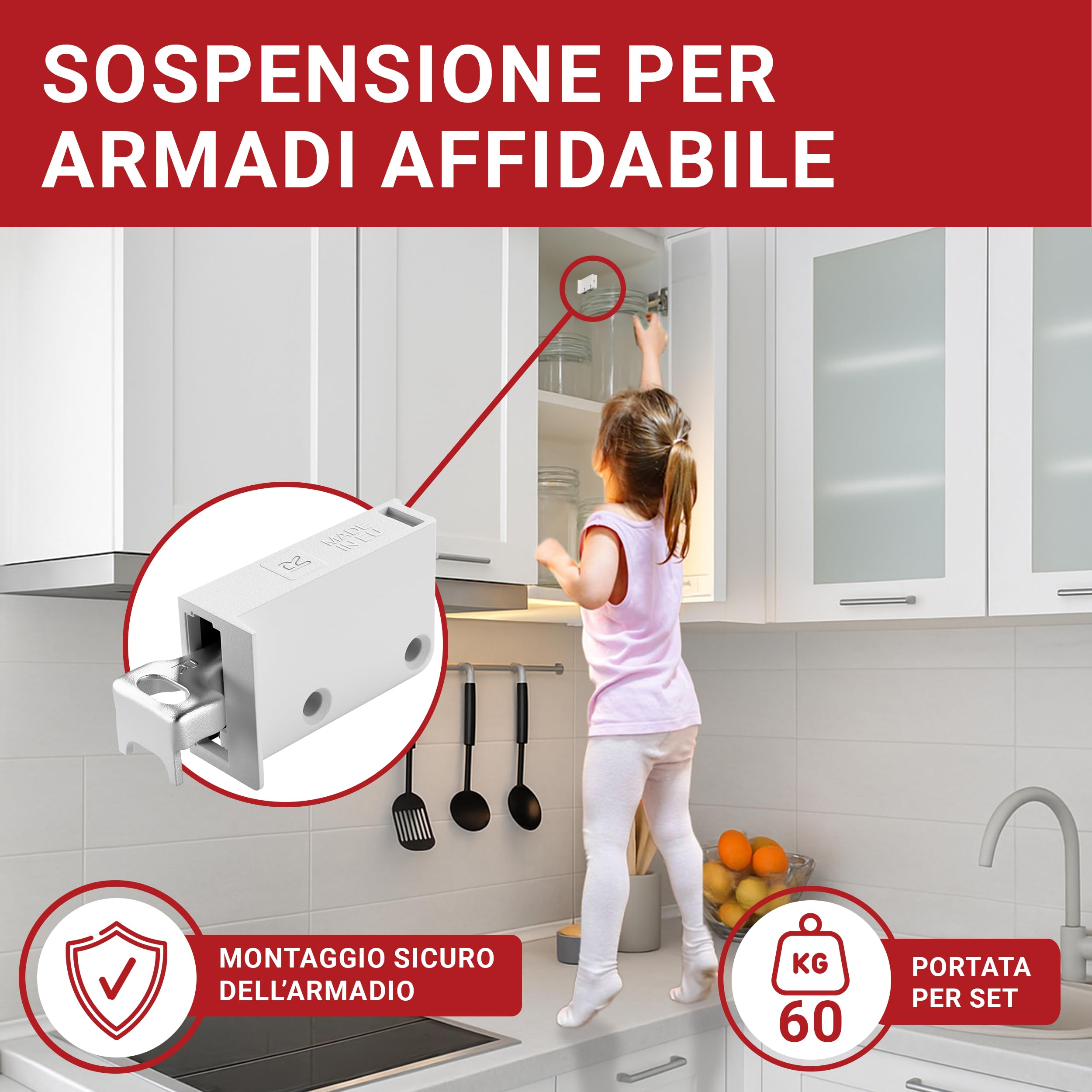 LouMaxx Set di ganci per armadio da cucina e pensili da cucina, con portata di 60 kg, con sistema di scaffali, guide da parete e materiale di montaggio – Made in EU