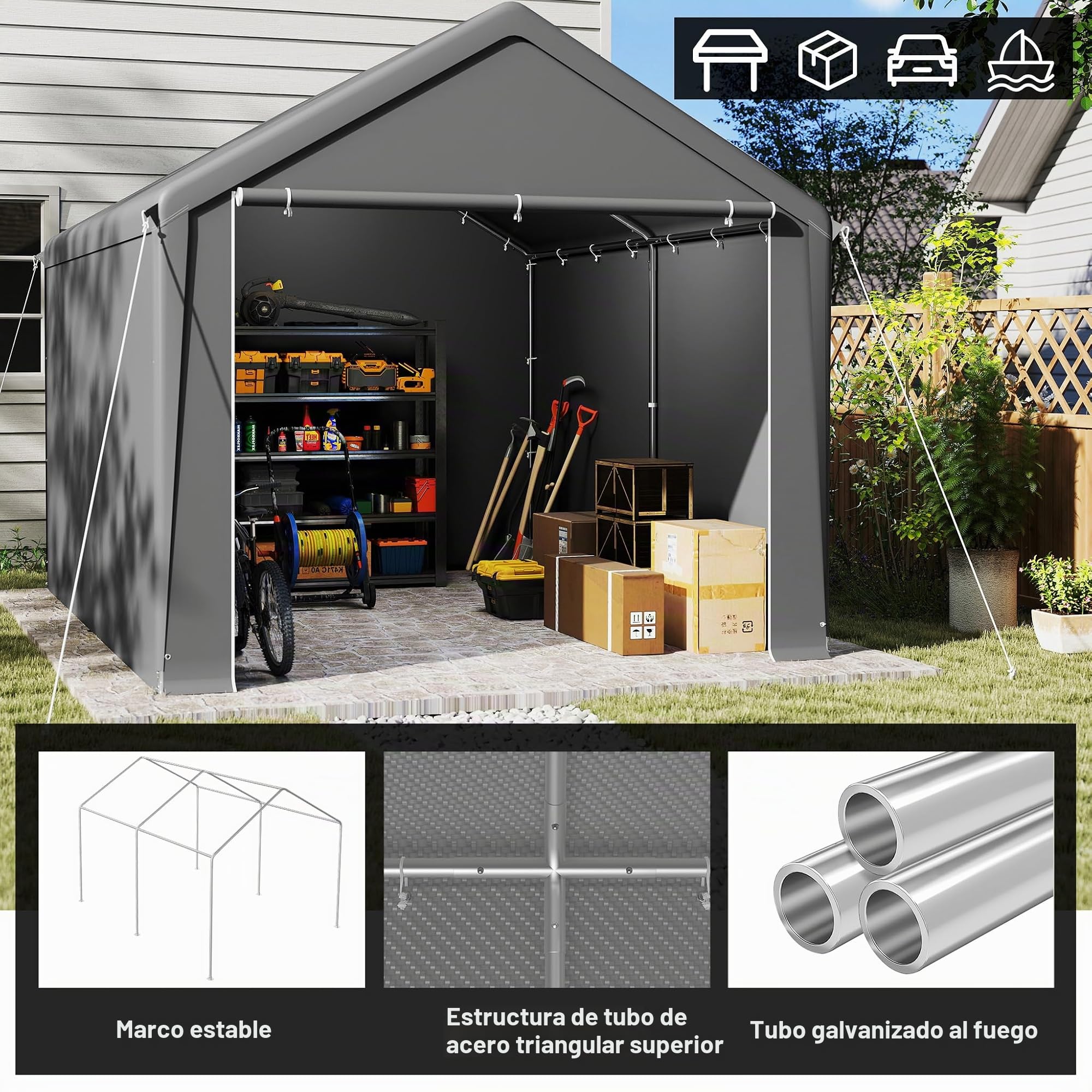 FIVMEN Caseta de jardín de 12 m³, de polietileno, con paredes laterales extraíbles, resistente al invierno, tienda de almacenamiento, para herramientas de jardín, moto, bicicleta, color gris