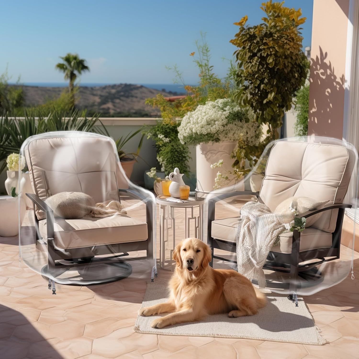 Transparent Patio Swivel Chair Covers 2 Pack, Waterproof Clear PVC Outdoor Furniture Covers with Silver Edge, Front Buckle & Drawstring for Secure Fit, 33" W x 35" D x 38.5" H