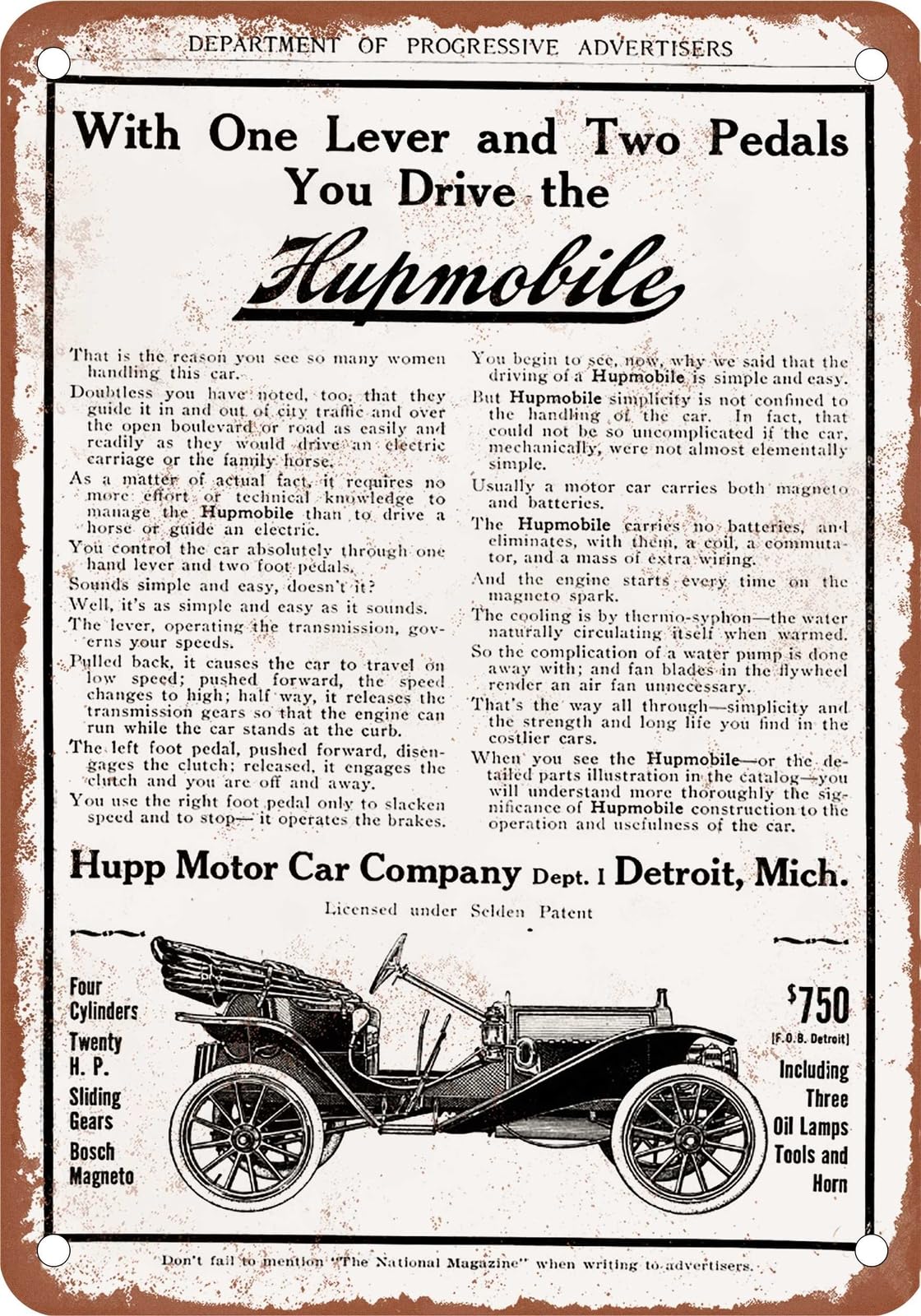 Miaomansenstore Metal Sign - 1910 Hupmobile Vintage Ad 01 - Old Retro Rusty Look Home Decor