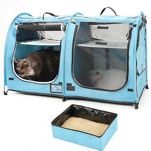 Mispace - Jaula portátil para gatos con doble compartimento, fácil de plegar y transportar, cómoda jaula de viaje para cachorros y perros con bolsa