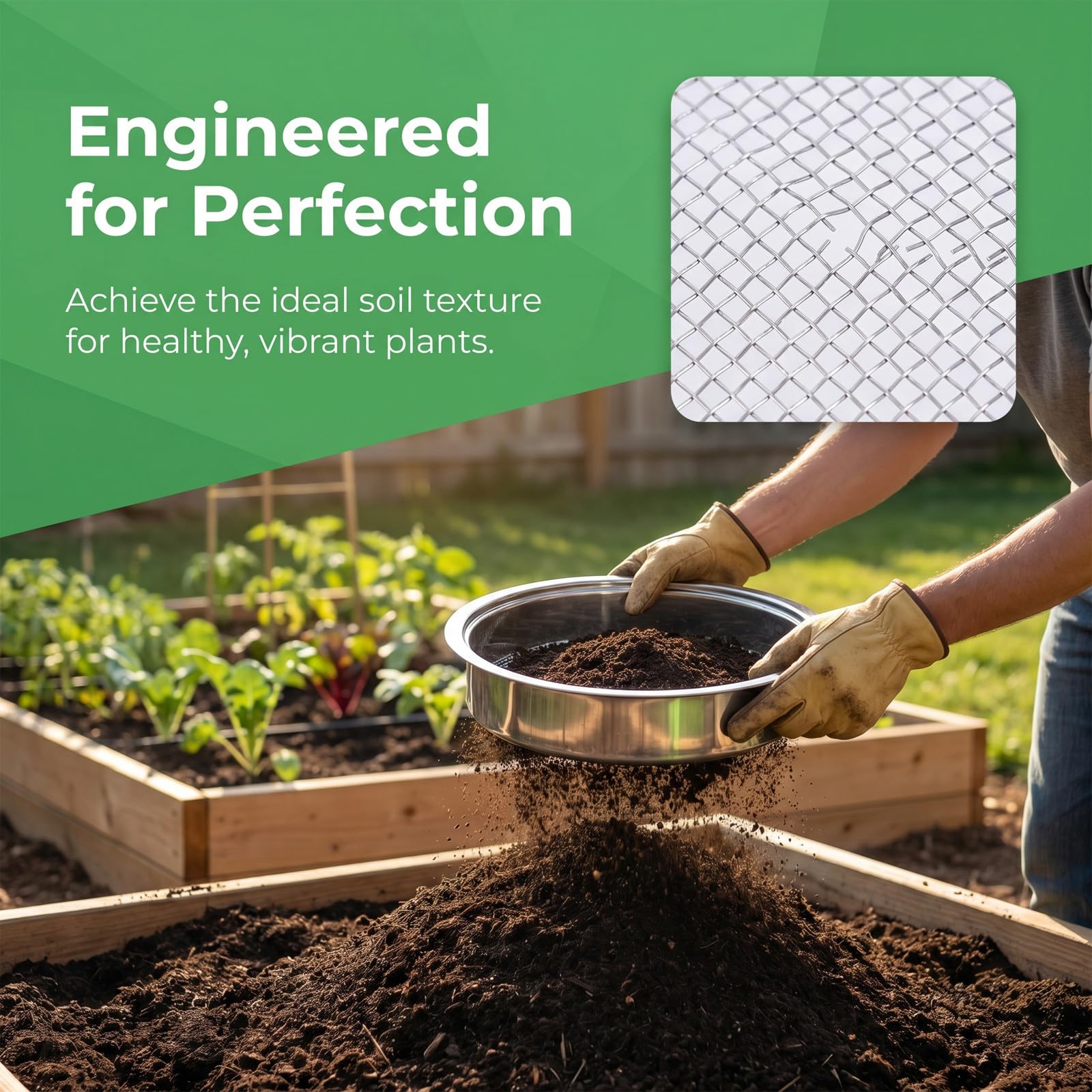 Lurrose 1 Set Setaccio da giardino per terriccio con rete di ricambio e paletta in plastica (fori da 1, 3, 6, 9, 12 mm) - Setaccio rotondo in acciaio inossidabile per roccia, compost, terra, spiaggia