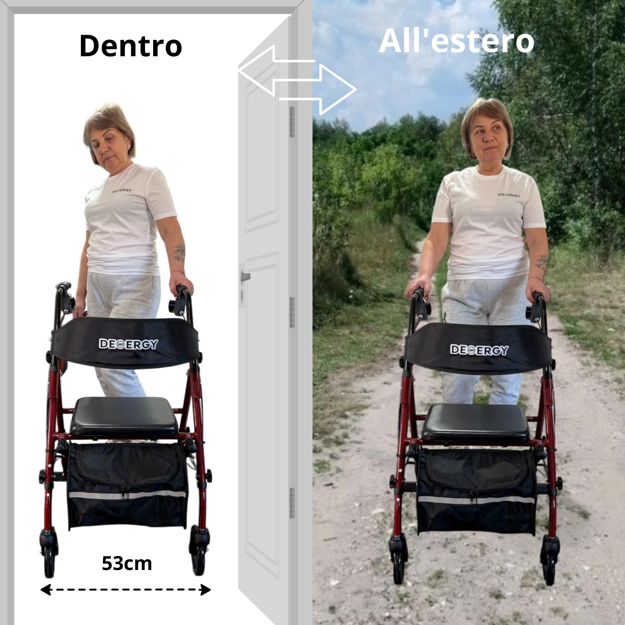 DEMERGY® Deambulatore per Anziani Pieghevole Leggero con Sedile Extra Spesso e Schienale 4 Ruote per Tutti i Terreni Freni Manuali Altezza Regolabile Include Zaino Ideale Anziani e Persone con Mobili