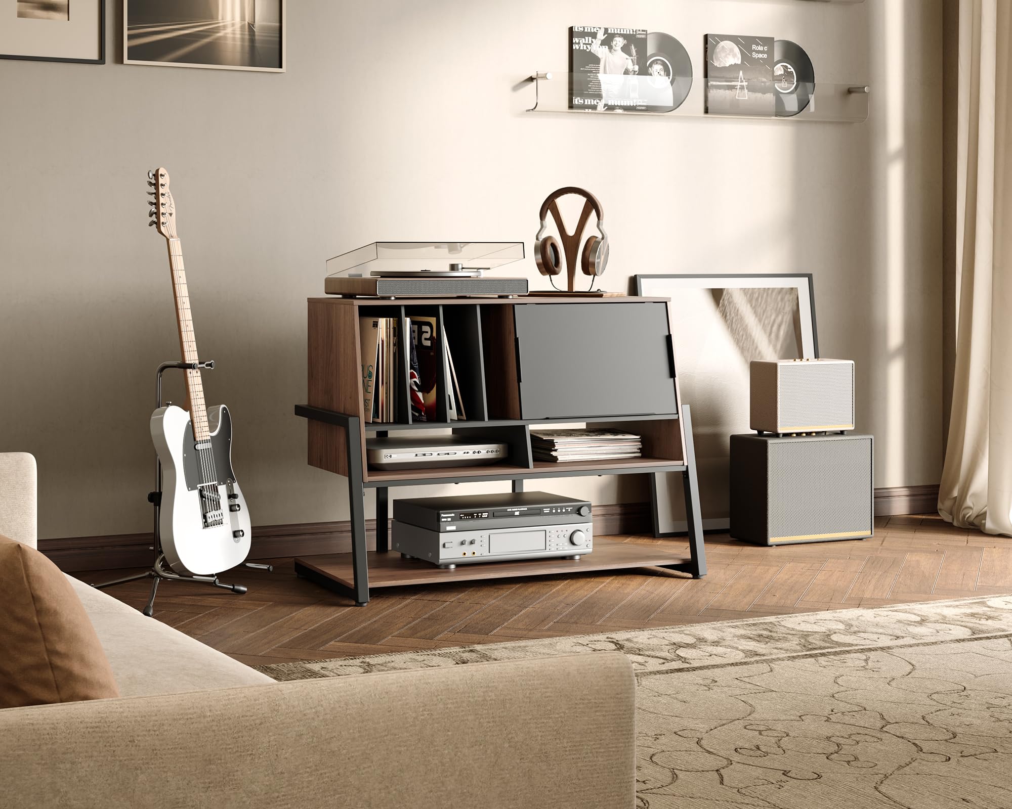 FITUEYES Grand Meuble Vinyle avec Porte Meuble HIFI Stockage jusqu'à 120 Disques Vinyles Capacité de Charge 50 kg Série Eiffel