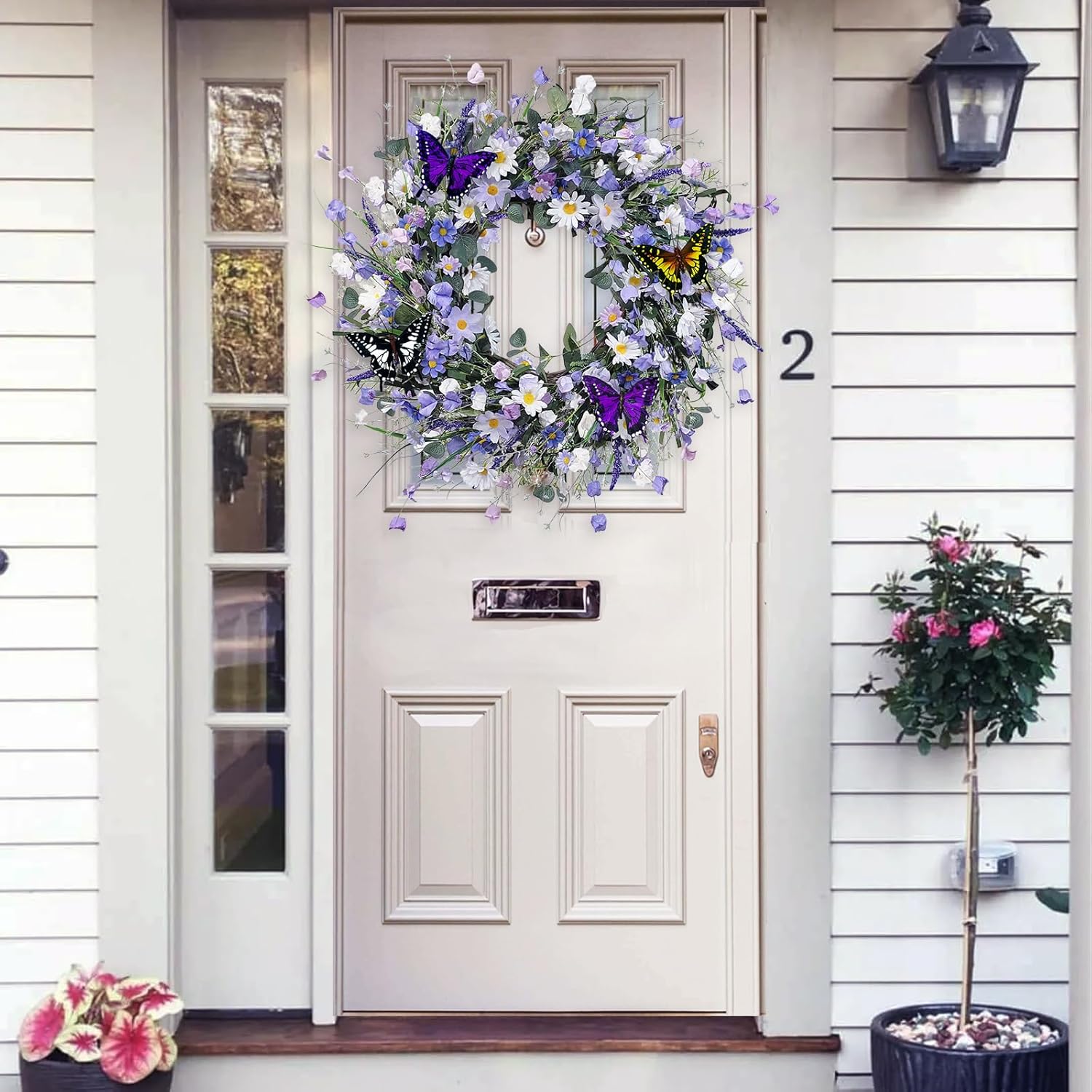 24 Inch Spring Wreath for Front Door, Artificial Summer Wreath with Daisy Lavender and Green Eucalyptus Leaves, Large Flower Wreath with Fake Butterflies for Indoor Outdoor Home Festival Decor