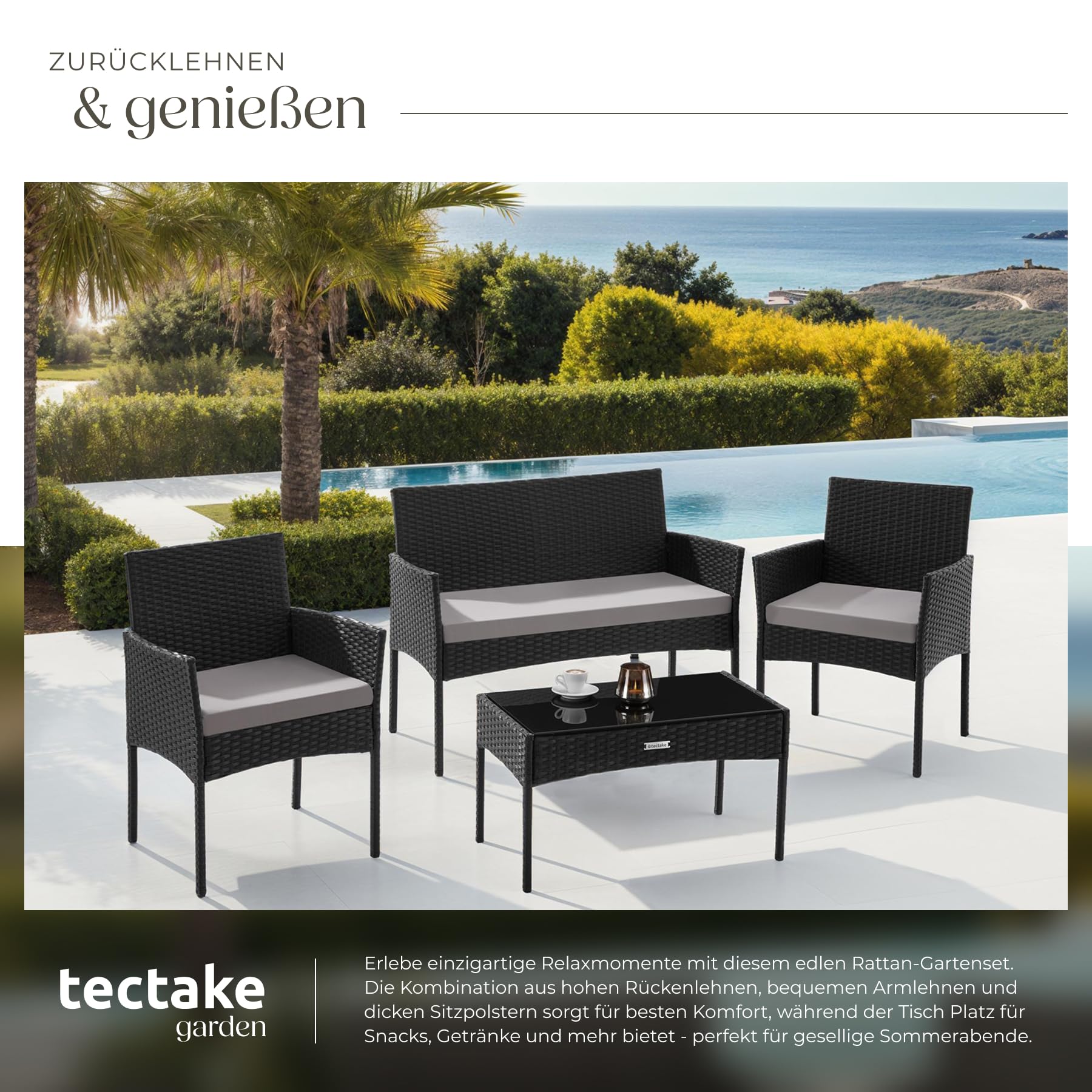 tectake® Rattan Gartenmöbel Set, Outdoor Lounge Möbel,1x Gartenbank, 2X Stuhl, 1x Balkontisch, mit Outdoor Kissen wetterfest, Balkonmöbel Kleiner Balkon, Lounge Gartenmöbel, Terrassenmöbel - schwarz