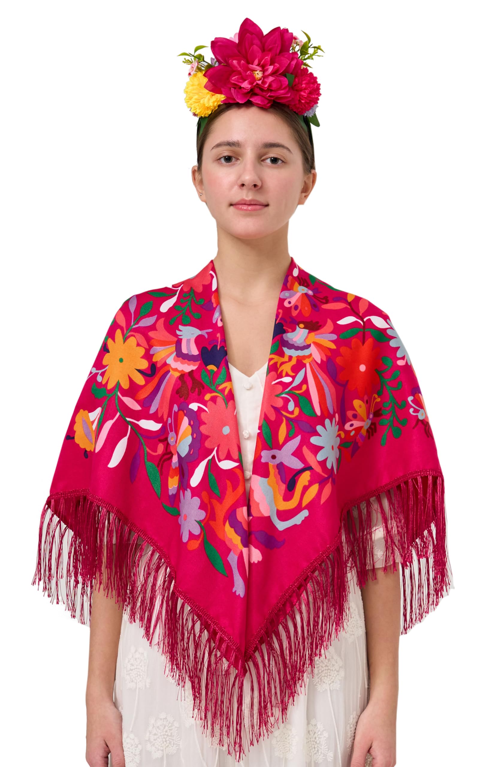 YHDDYG 2 Pcs Frida khalo Fuchsia Flower Headband and Women’s Tassel Shawl Wrap Mexican Style Ethnic Shawl Party N3