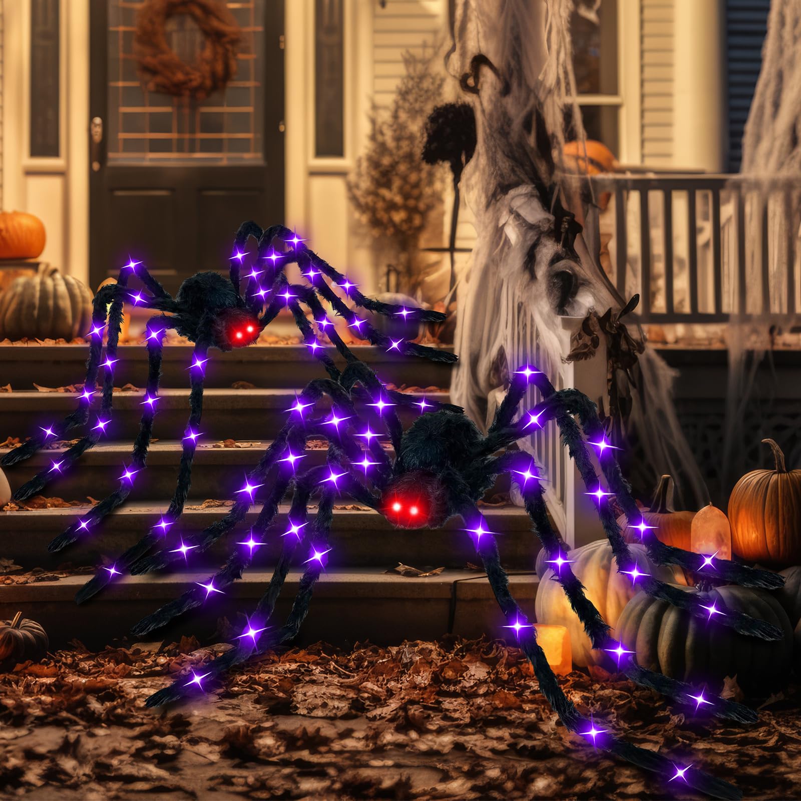 Vinsot Paquete de 2 arañas gigantes grandes de Halloween de 6.6 pies para decoración al aire libre, accesorios de araña negra iluminados para Halloween, interiores y exteriores, decoración