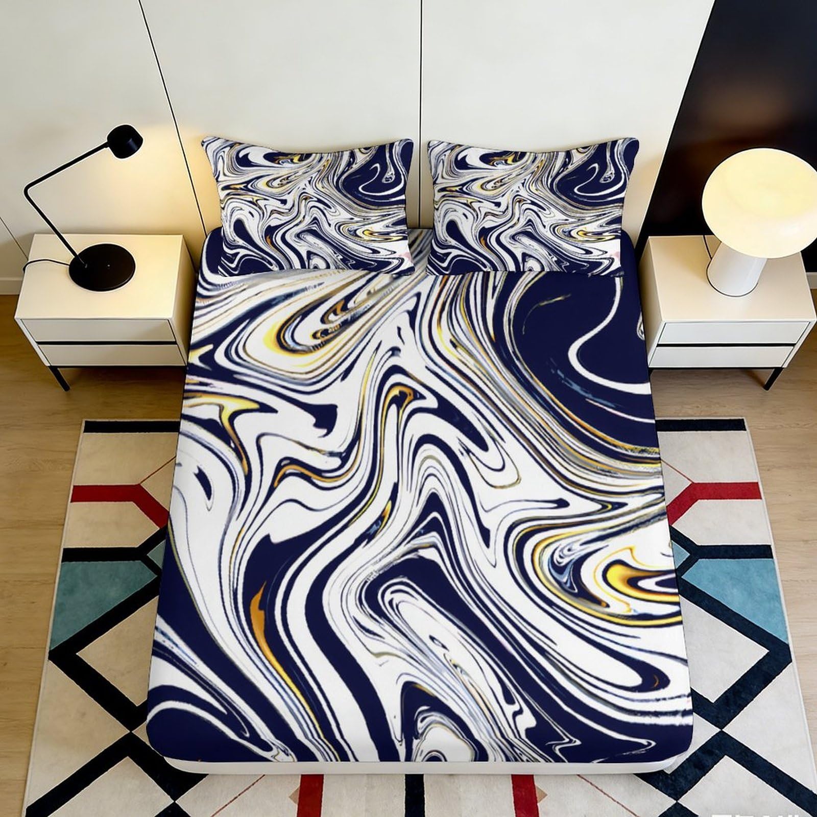 3D Printed Marble Swirl Fitted Sheet Microfiber Soft Navy Abstract Mattress Cover for Bedroom Dorm Easy Care Decor 120x200x25cm