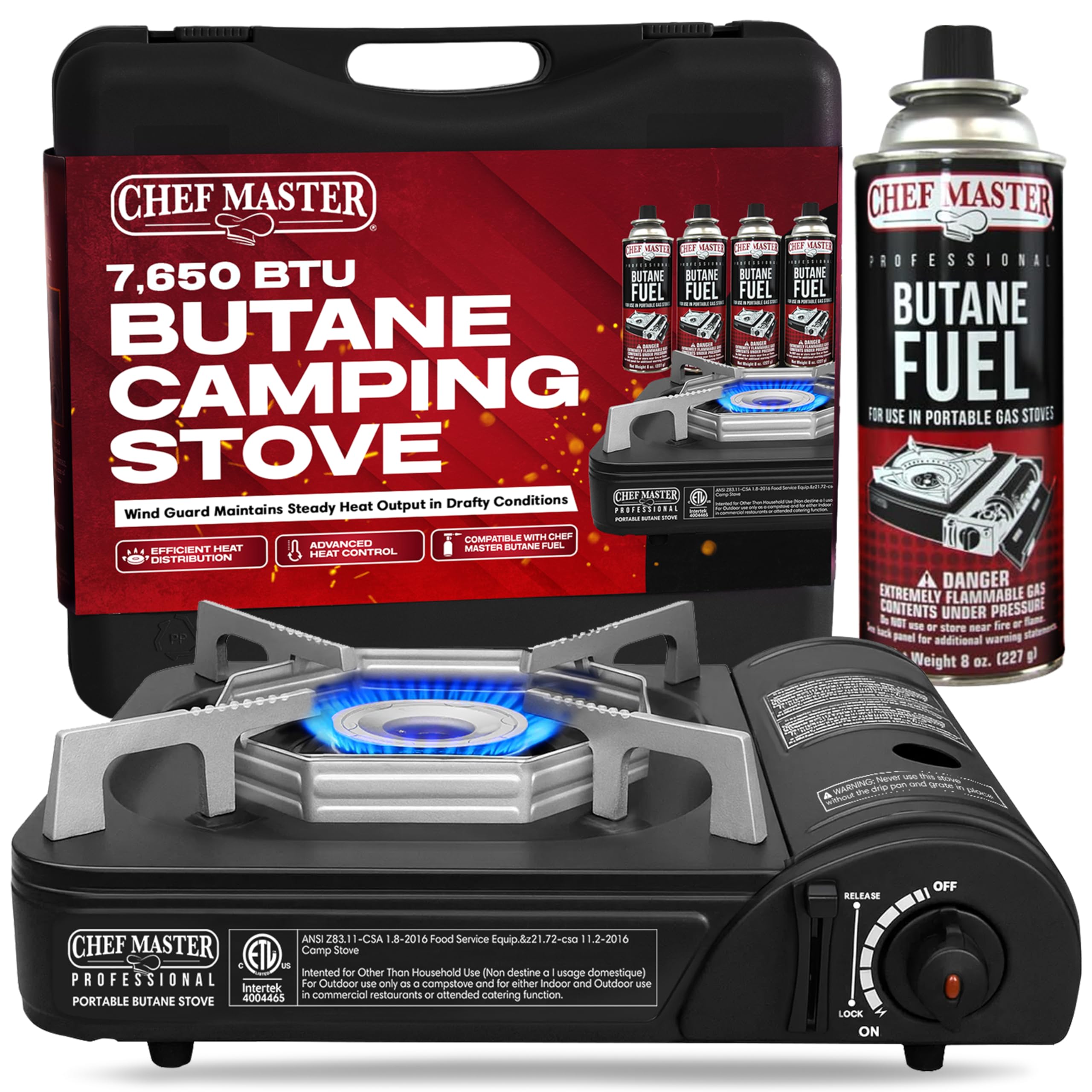 Chef Master Portable Butane Camping Stove, Piezo Ignition 7,650 BTU Output, Wind-Guard Portable Stove Burner with Portable Carrying Case for Emergencies, Road Trips, Hiking, Camping Essentials 90027