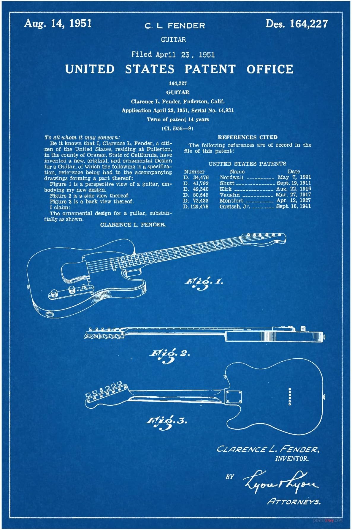 Fender Electric Guitar Patent - NEW Famous Invention Blueprint Poster