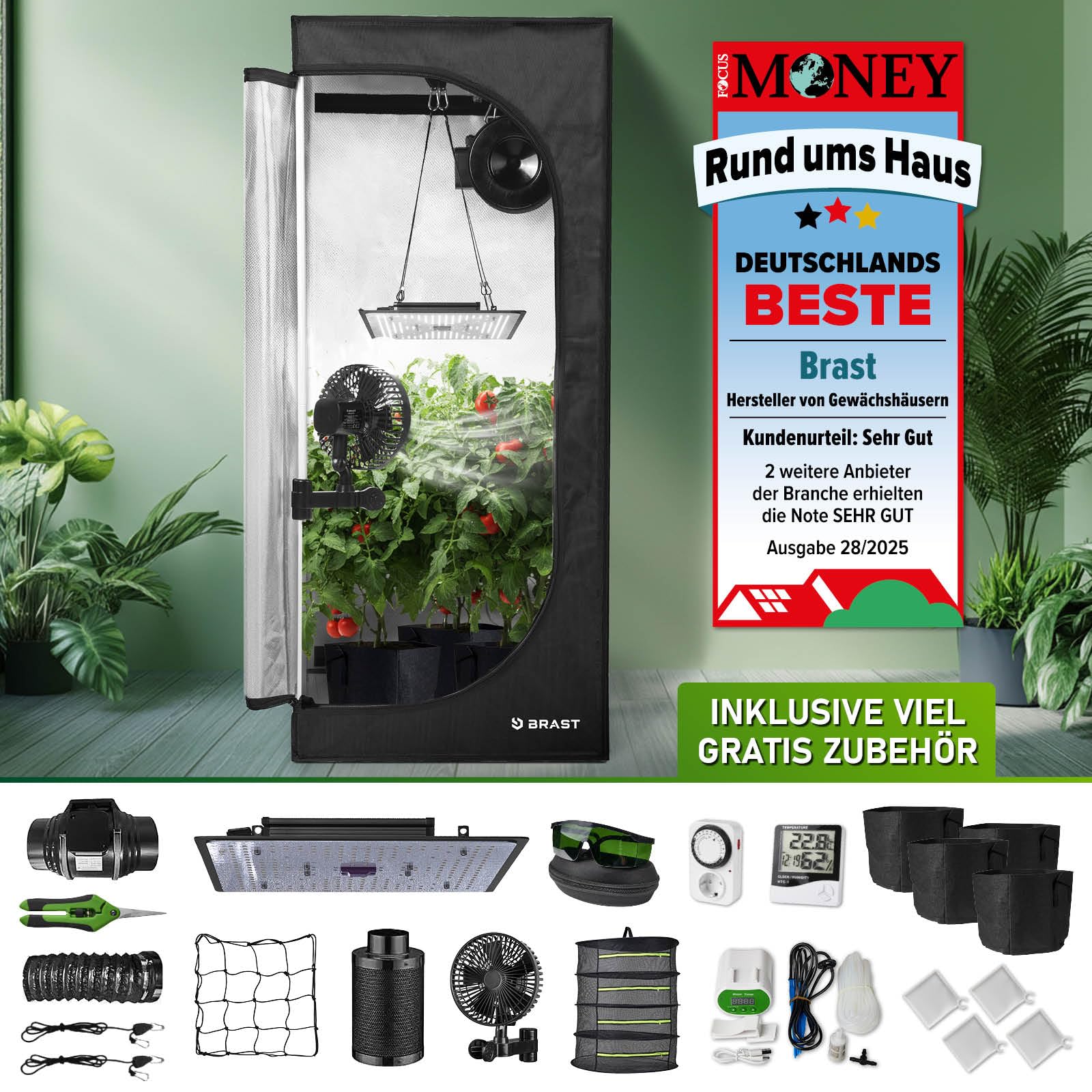 BRAST Growzelt GrowBox | Komplettset inkl. Sonderzubehör | viele Größen | 60x60x140-120x60x180cm | Vollspektrum LED Technologie | Belüftungs- & Bewässerungssystem | licht & wasserdicht | 60x60x140cm