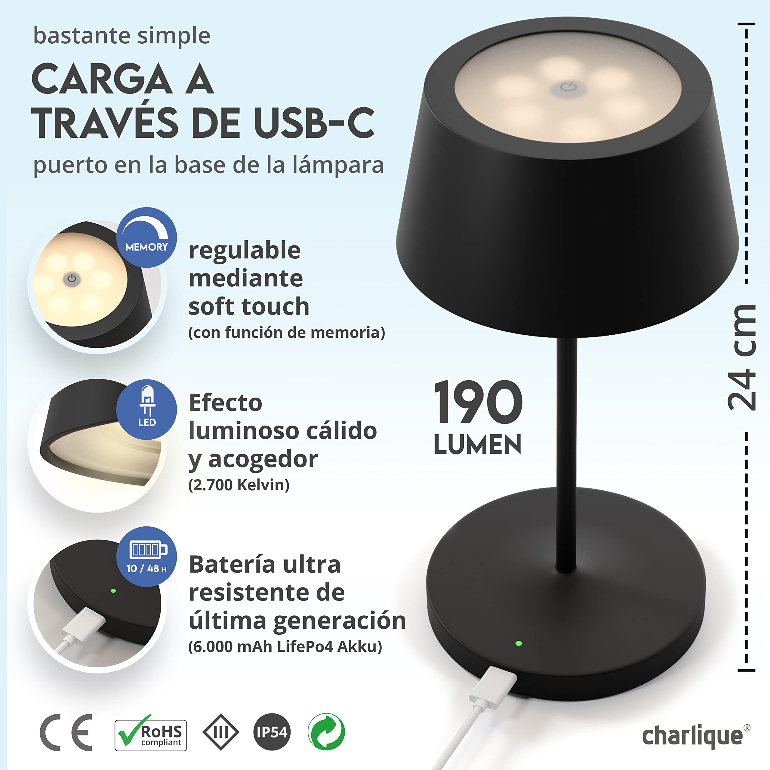Dinner Light 2 mini - pequeña Lámpara mesa LED recargable en color negro, regulable sin niveles, con batería extrafuerte, carga por USB, efecto de luz blanca cálida