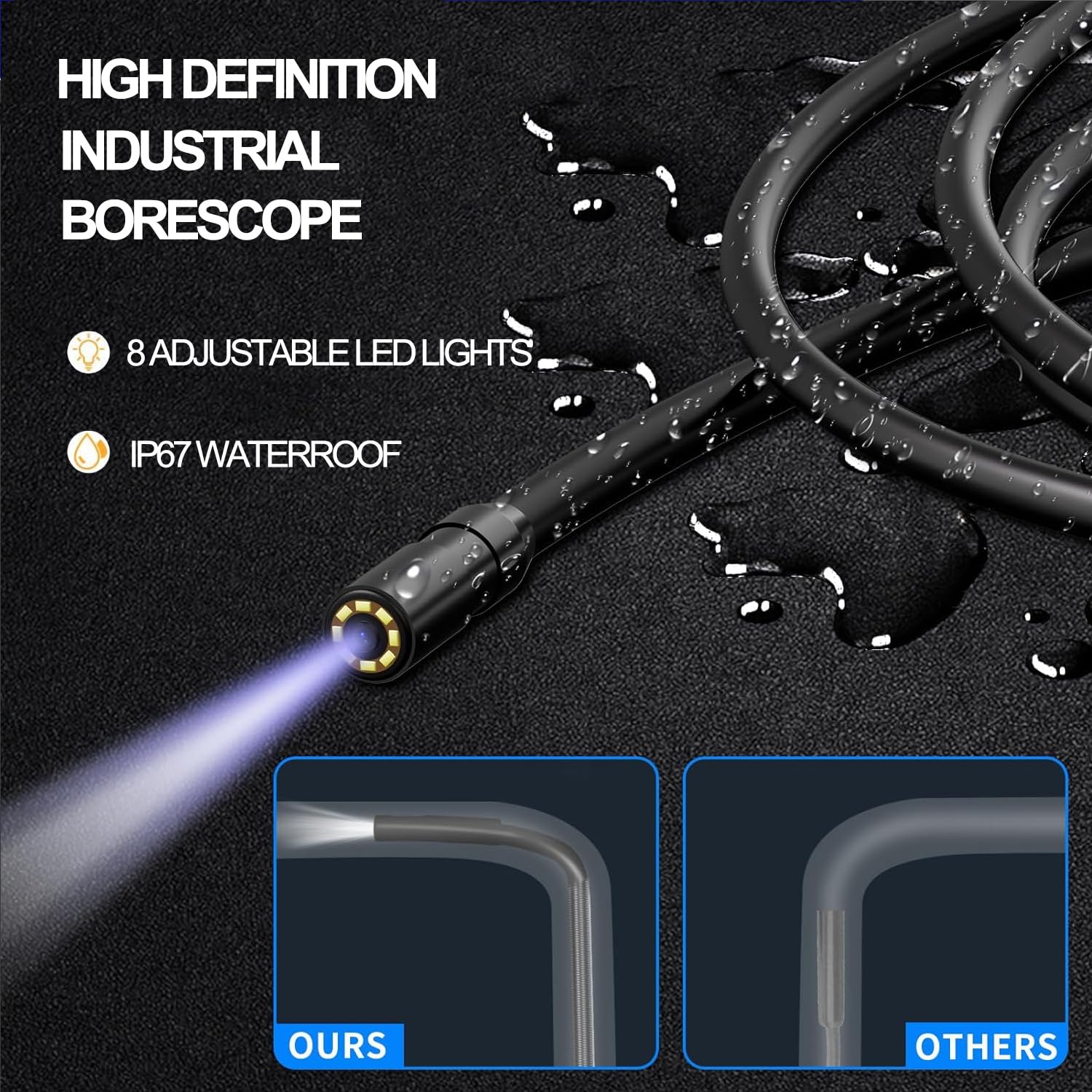 1920P Endoscopio Snake Inspection Camera, Telecamera per periscopio IPS da 4,3" Telecamera Snake Portatile IP67 Impermeabile con 8 luci LED con batteria ricaricabile 2600mAH(32,8 ft/10m)
