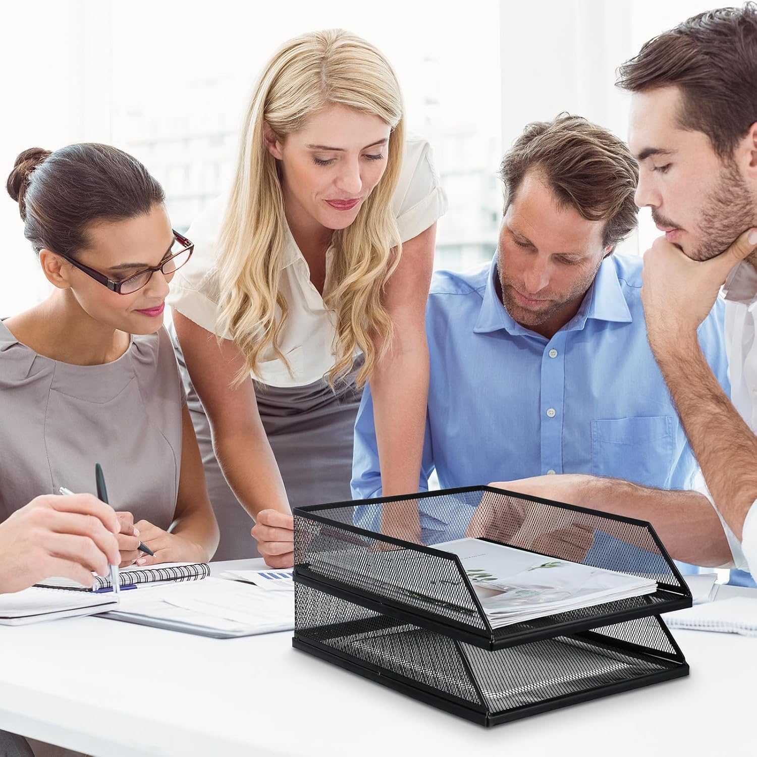 Hicarer 2 Pcs Black Metal Letter Tray Stackable Desk Tray Single Wire Mesh Organizer Front Load File Paper Holder for Desktop Office Home School Classroom (12.8 x 9.84 Inch) - Image 6