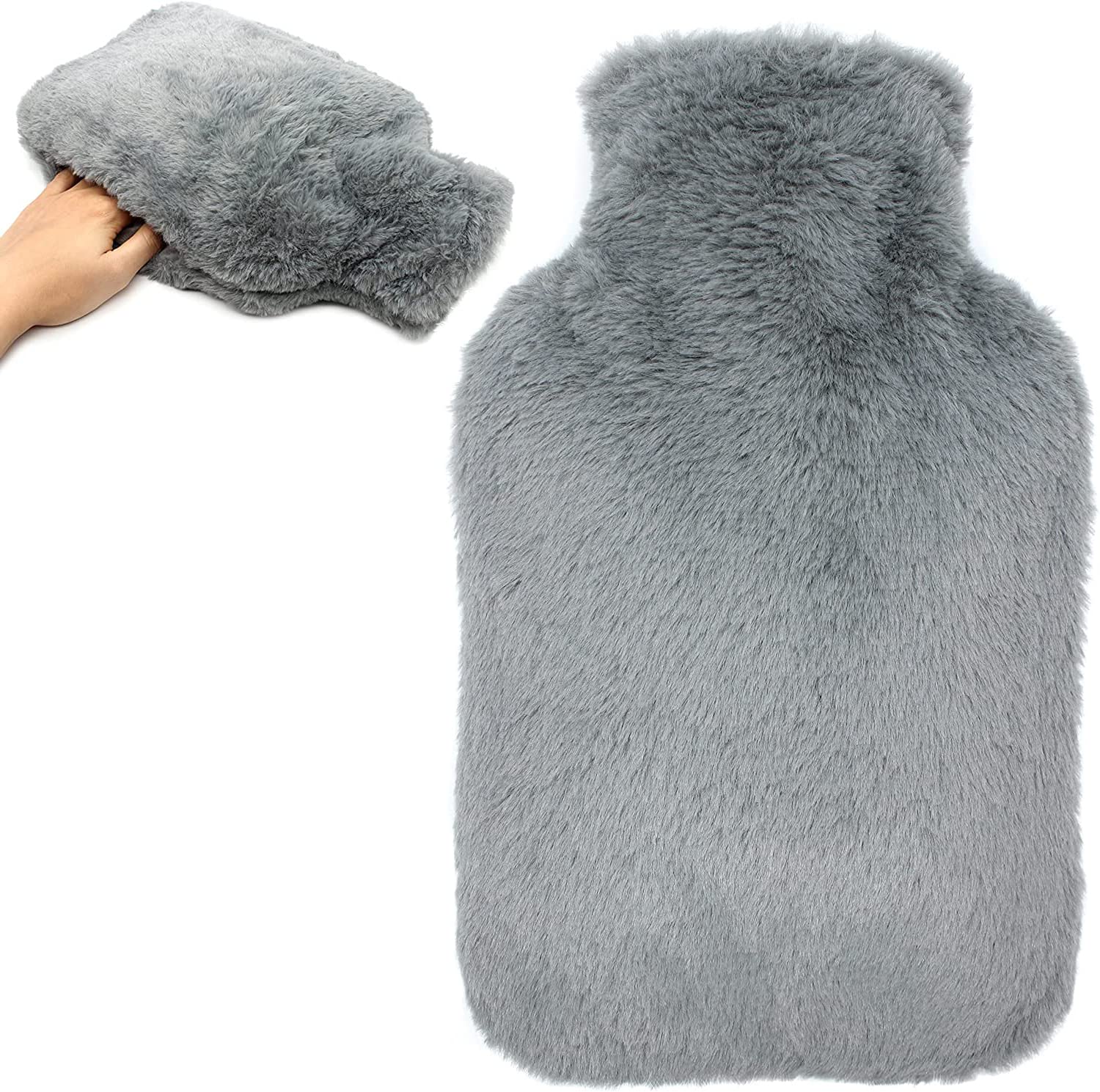 Bolsa de Agua Caliente de 2L, Cokomono Botellas de Agua Caliente con Suave Felpa Funda, Hot Water Bottle, bolsa agua caliente, mejor regalo (Gris)