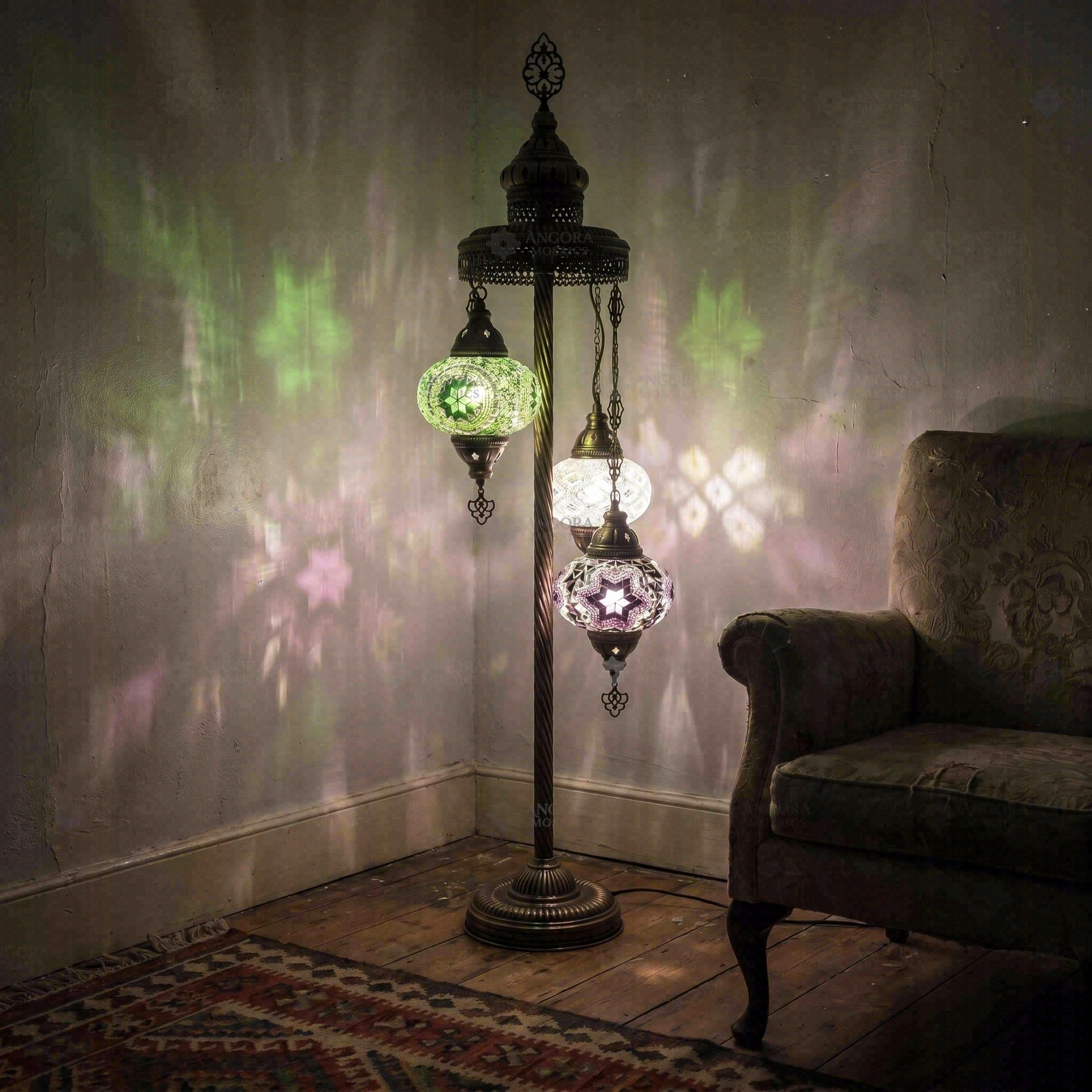 ENVA Turkish Mosaic Floor Lamp (3-Globe Multicolor, Antique Brass) - Handmade Moroccan Standing Light - Boho Corner Lamp - Natural Glass