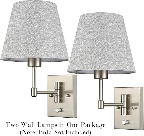 Miniatura 7 de SAMTEEN Juego de dos apliques de pared con brazo oscilante, con pantalla de tela gris e interruptor de encendido y apagado, para mesita de noche,
