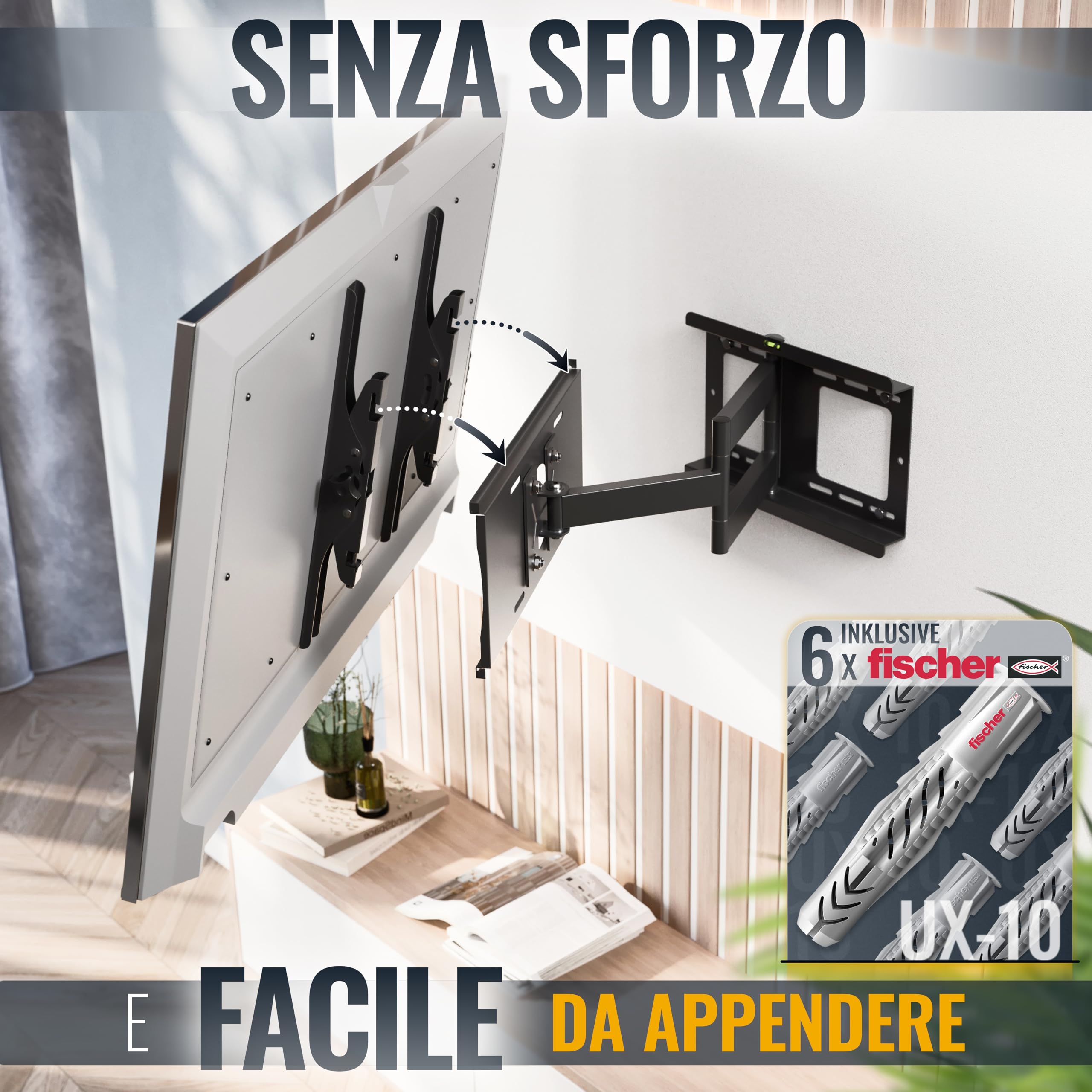 RICOO Supporto TV parete R23F 32“-65” pollici 81-165 cm Staffa televisore Girevole Inclinabile Porta televisione universale VESA 200 x 200-400 x 400 Nero