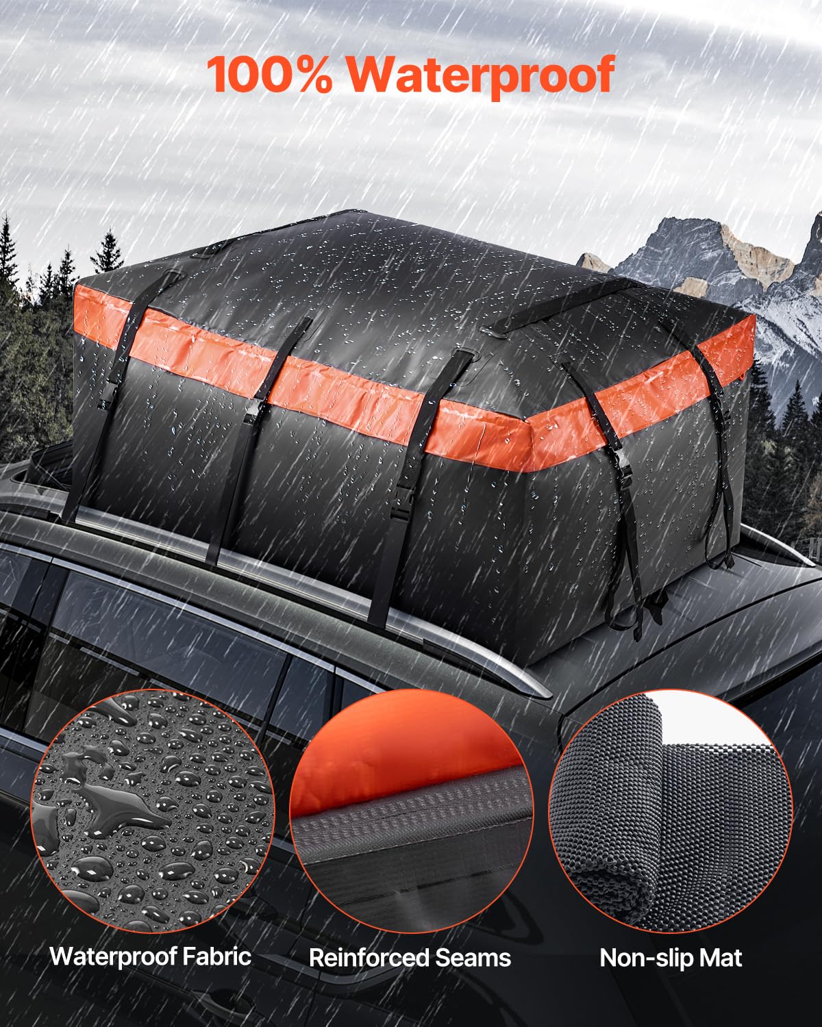 VEVOR Sac de Toit de Voiture 566 L, Coffre de Toit Étanche en PVC 840D Robuste, Sac Porte-bagages avec Serrure, Tapis Antidérapant et 6 Crochets, Installation Rapide et Facile, pour Tous les Véhicules
