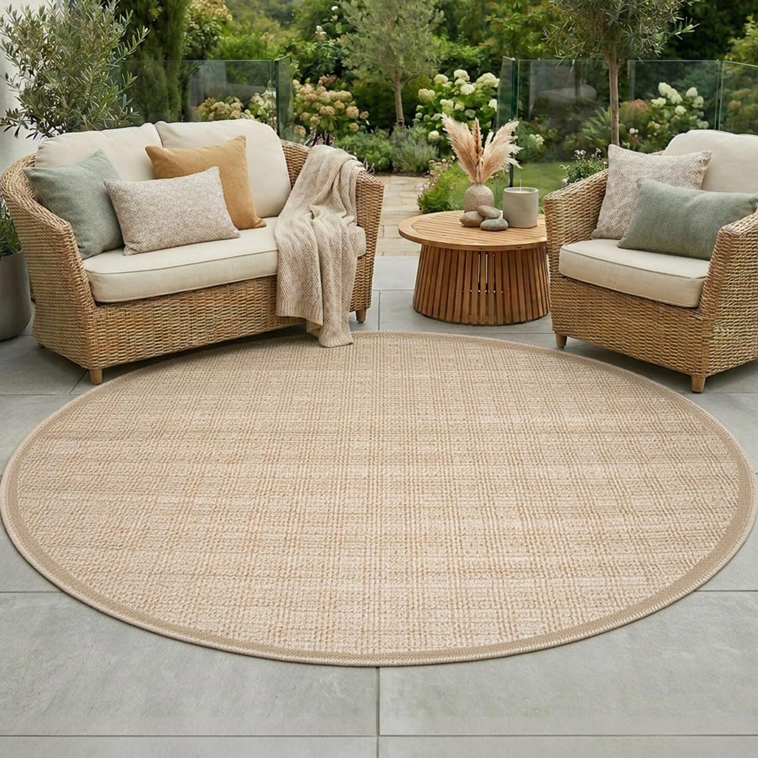 carpet city Outdoor-Teppich Wetterfest Braun 160 cm Rund - Meliert, Bordüre, Sisal-Optik, Flachgewebe, Robust, UV-beständig & Witterungsbeständig - für Außenbereich, Balkon, Terrasse, Flur