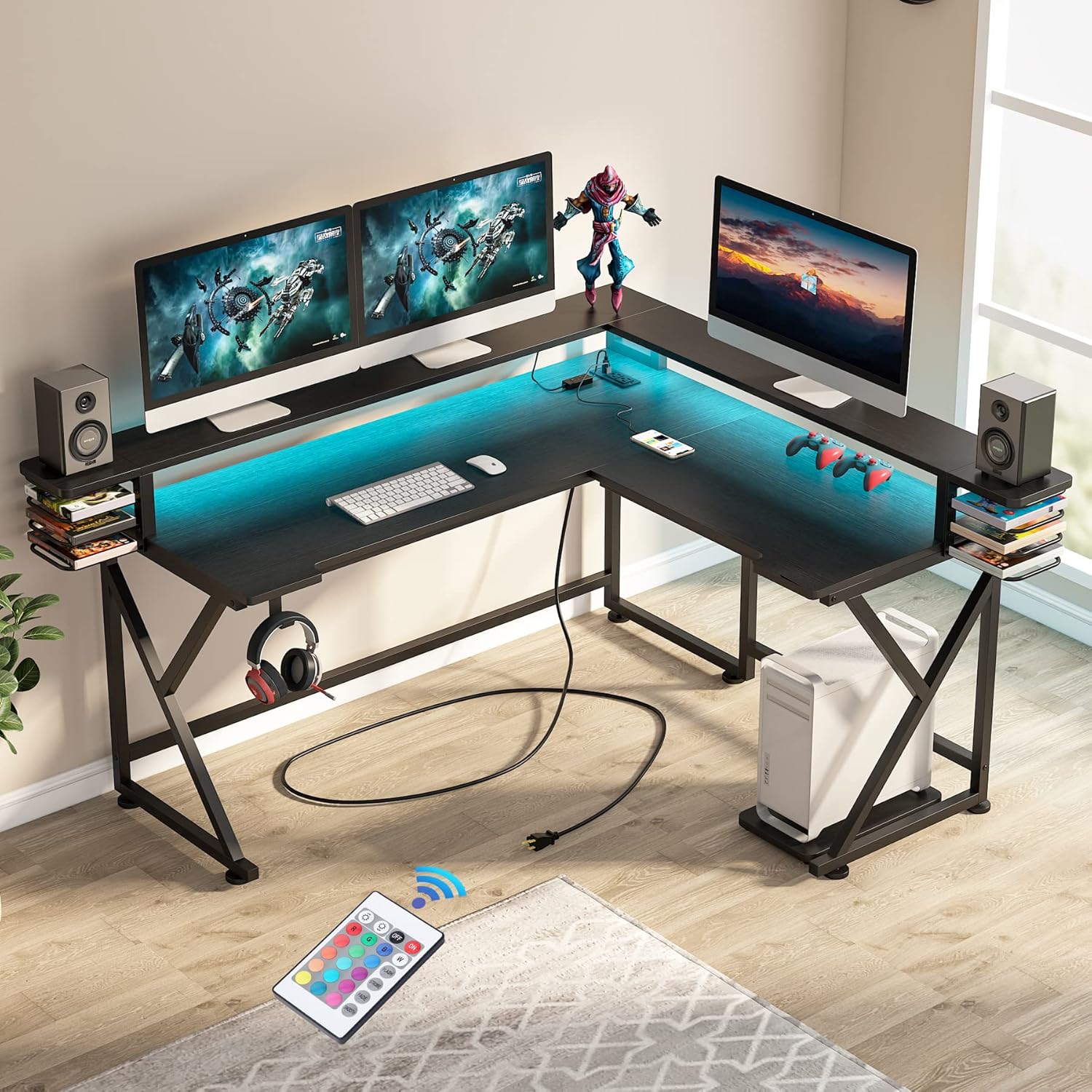 Tribesigns Computer Desk L Shaped with Led Lights & Power Outlet, 61 inch LShaped