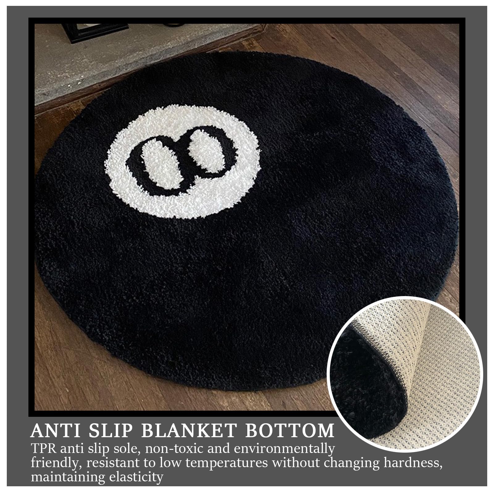 HAMON Tapis de billard 8 boules - Antidérapant - Lavable - Doux - Pour salon, salle à manger, chambre à coucher - Noir - 80 cm