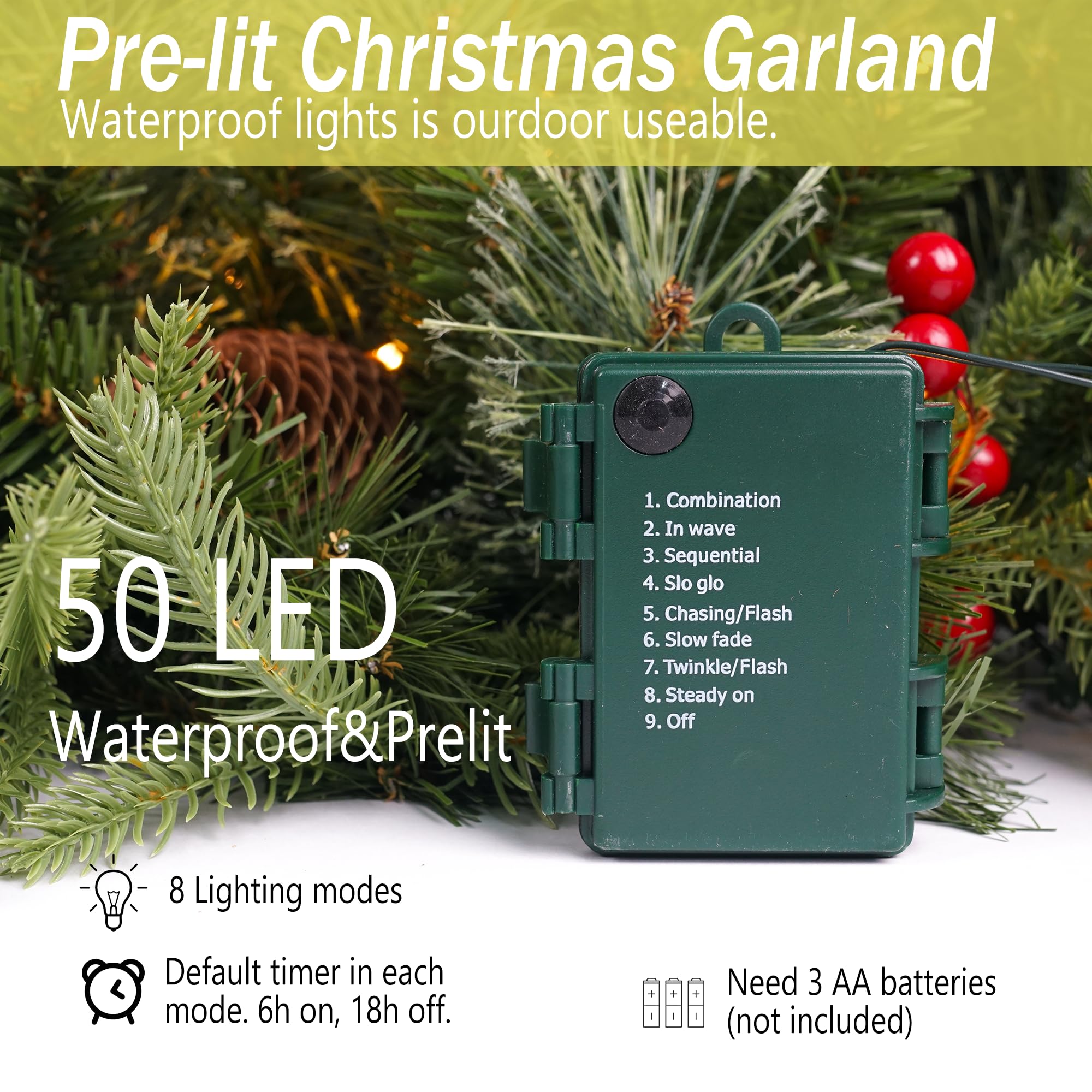 Guirnalda de Navidad preiluminada de 9 pies con 50 Luces, decoración de Navidad con 50 Luces de Pino con Temporizador de Bayas Rojas para repisa Escalera Interior y Exterior