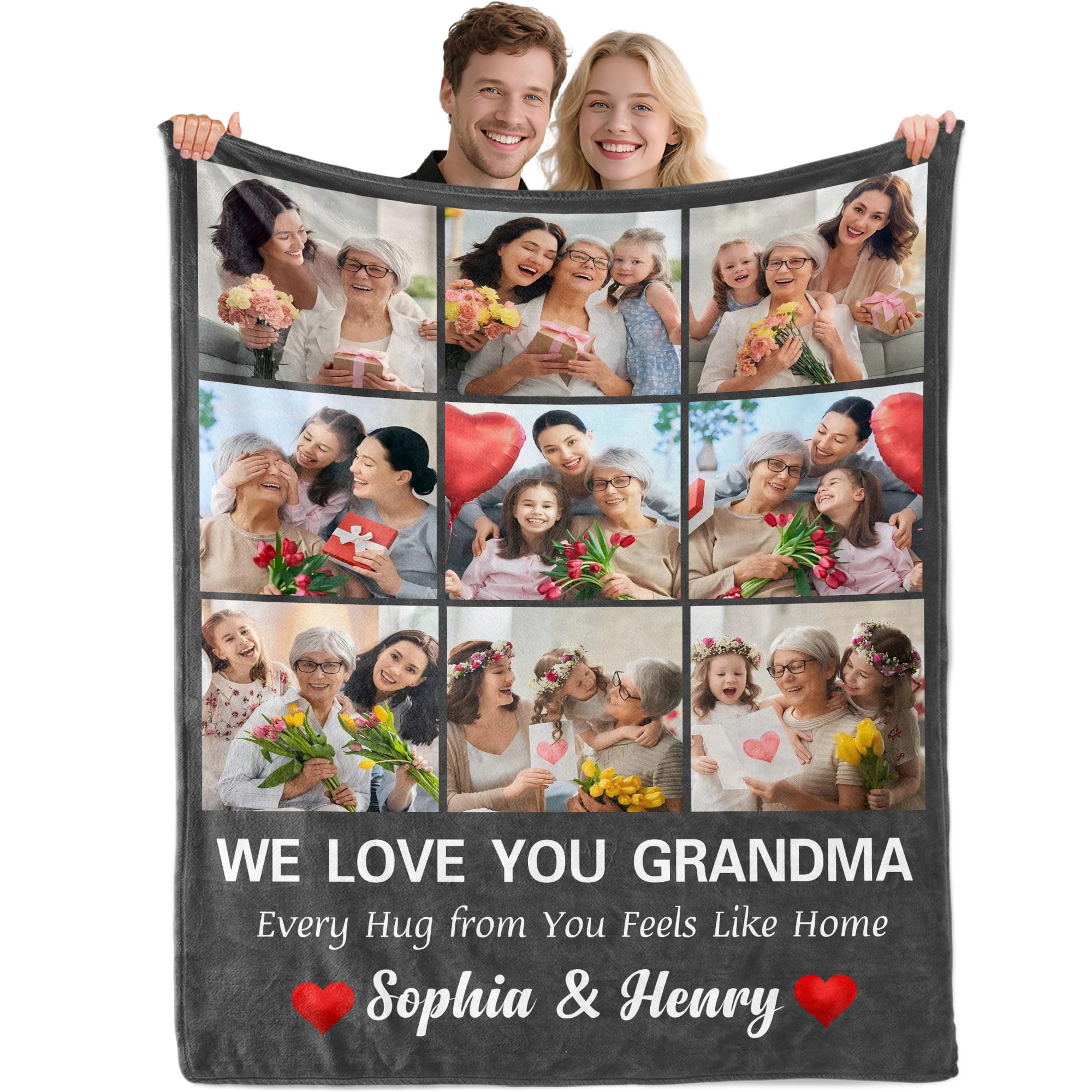 Idiyfun Personalised Photo Blanket, Customised Blanket with Picture Text for Adult, Custom Blanekt, Christmas Valentines Birthday Personalised Photo Gifts for Grandma NANA from Grandchildren