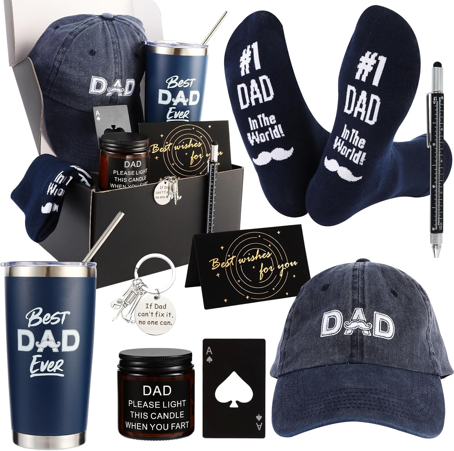 Kolewo4ever 9 Pieces Dad Gift Set Best Dad Gifts for Father, Men with Tumbler Mens Socks Mens Baseball Cap Key Chain Card for Men Father Papa Christmas Gifts from Son Daughter (Navy Blue)