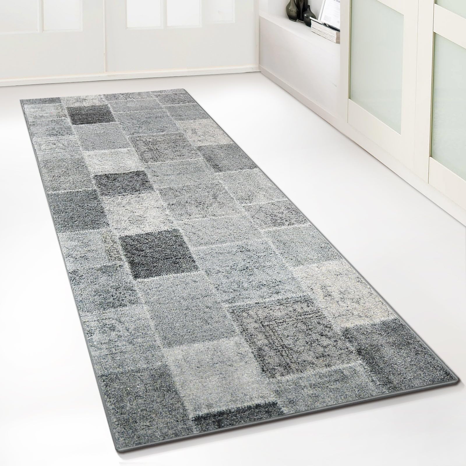 Floordirekt Monsano Anthracite Carpet Runner With Pattern - Custom-Made Fine Loop Rug Runner For Kitchen, Hallway & Living Room - Ornamental Vintage Oriental Grid (80 X 150 Cm, )