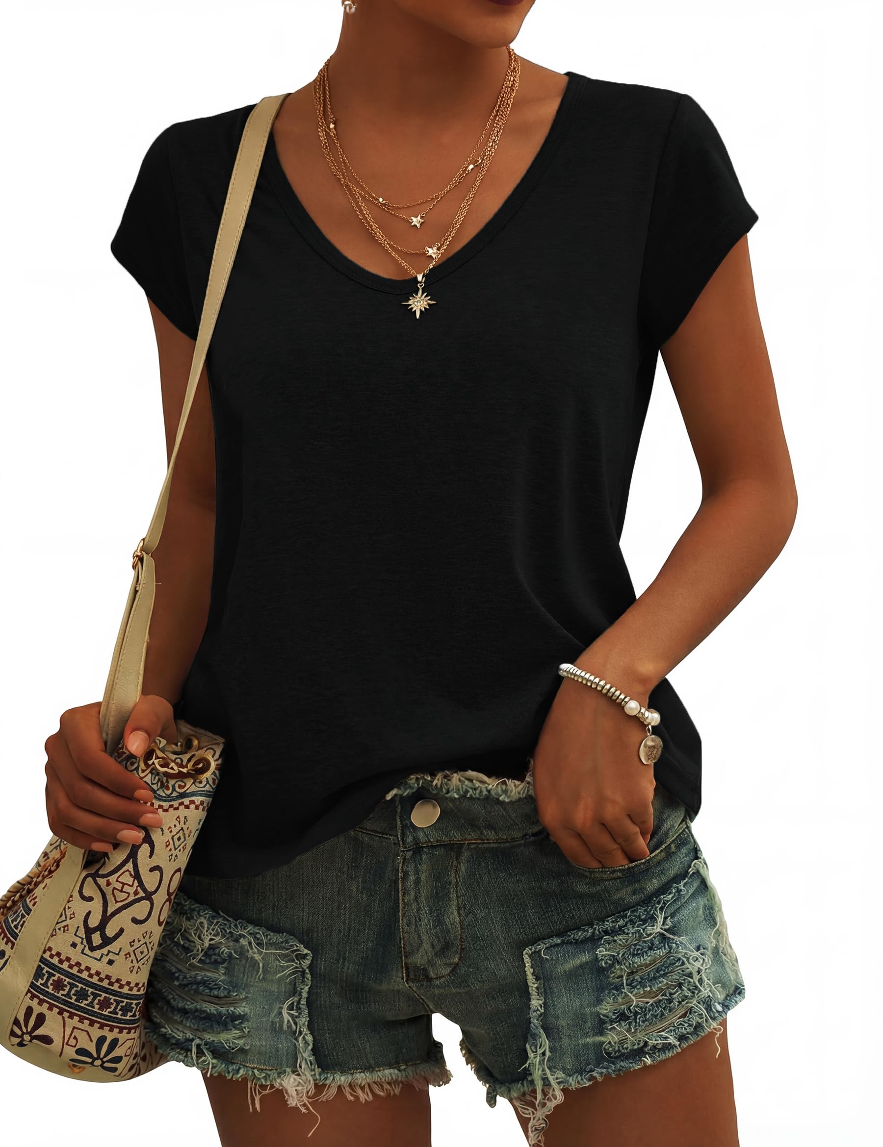 Leversic T-Shirt Damen Kurzarm Regular Fit Basic Top Lässig Sommer Oberteile mit V-Ausschnitt