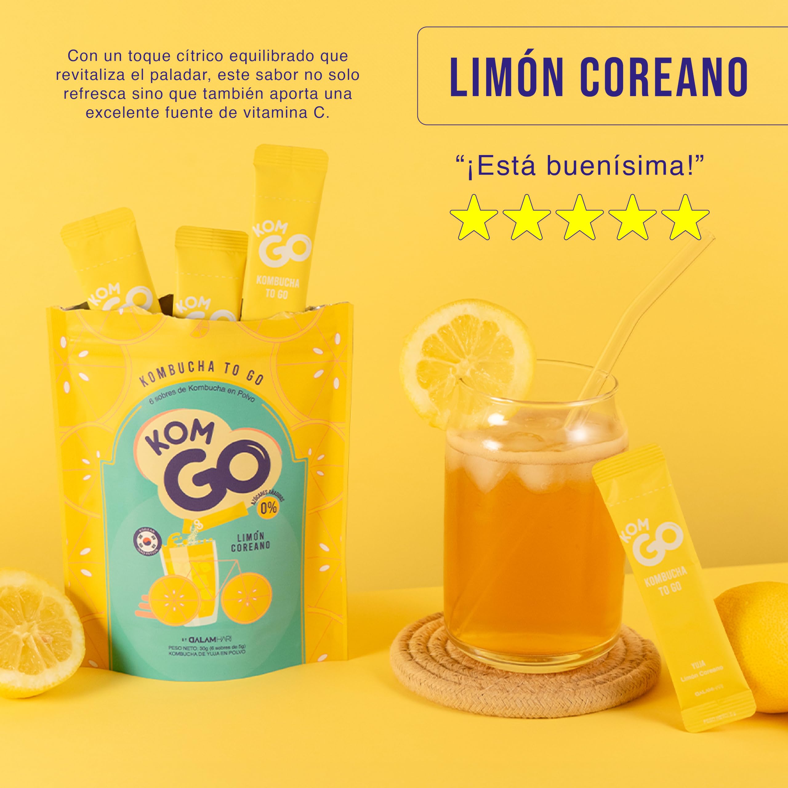 KOMGO Kombucha en Polvo Bebida Instantánea con Probióticos y Antioxidantes 15 Kcal Limón Coreano