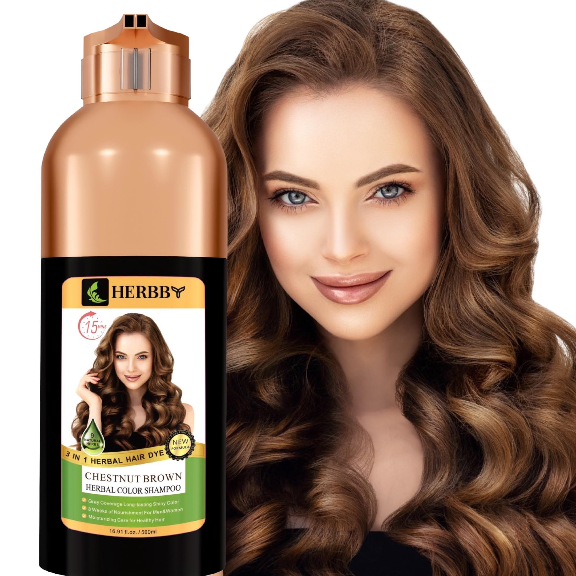 HERBBY Gray Hair Coverage Shampoo & Conditioner - Color Transform with 9 Herbal Extracts, Long-Lasting (6-8 Weeks), Shiny, Even Coloring, Instant Hair Dye, 500 ml (CHESTNUT BROWN)