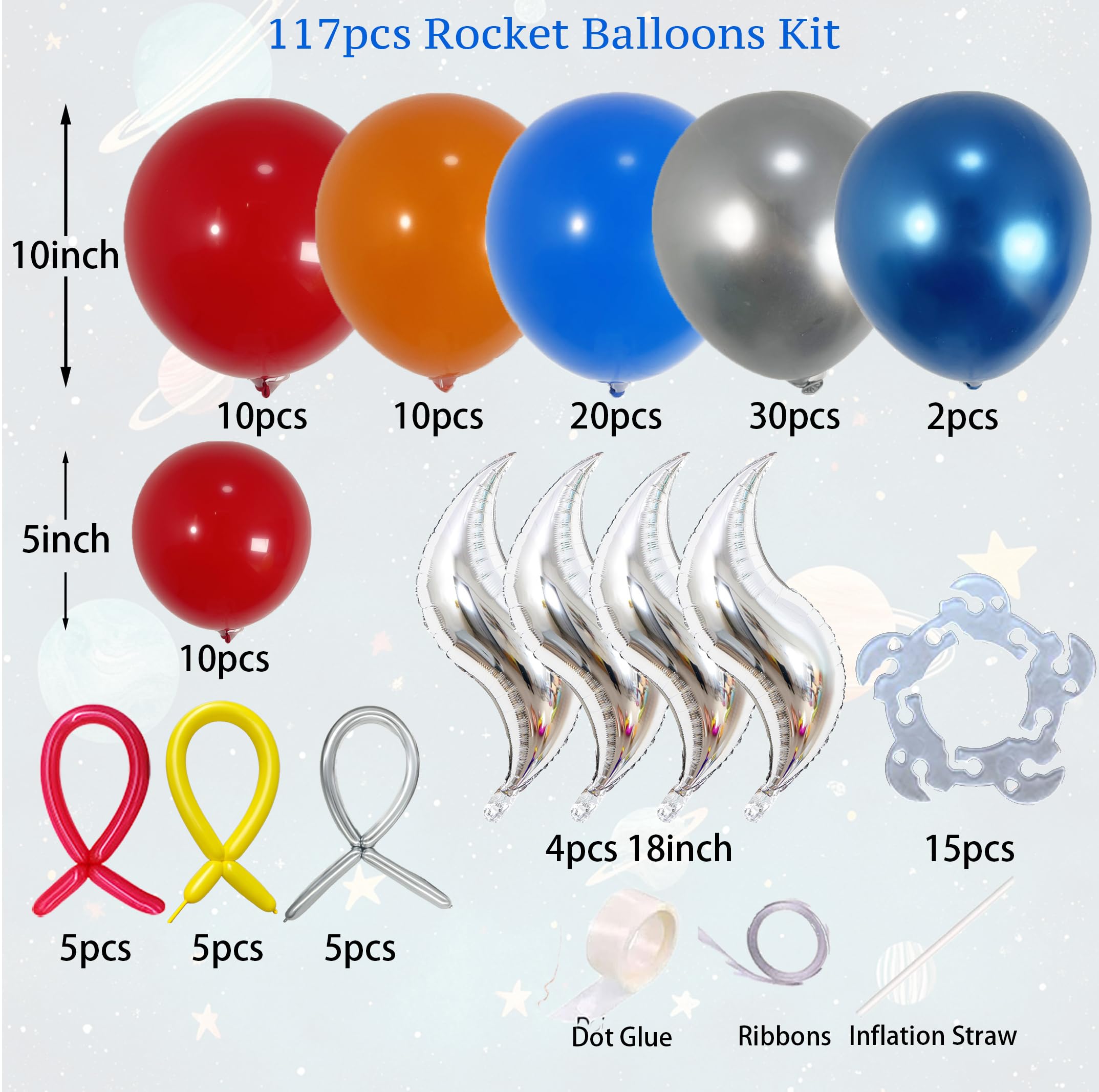 PartyXpress Kit de guirnalda de arco de globos de cohete de 117 piezas con globos plateados metálicos rojos, azules, naranjas, para decoración de fiestas temáticas del espacio exterior, decoración de