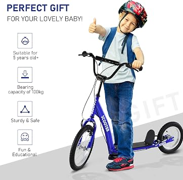 Aosom Youth Scooter Kids 5+ Adjustable Handlebar 16 Front 12 Rear