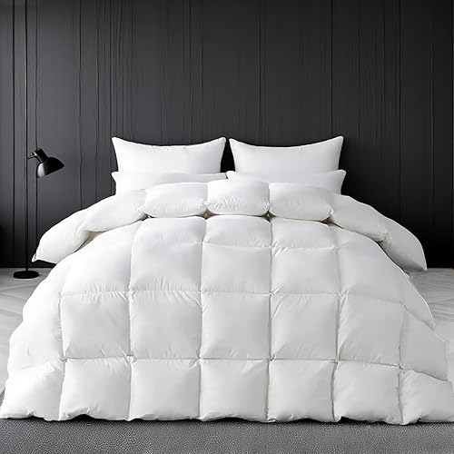 SHOUREN White Luxurious Feather Down Fiber Comforter, All Season Hotel Collection Bed Comforter，Ultra Soft 100% Cotton Duvet Insert with Corner Tabs, Full Size 82"X86"