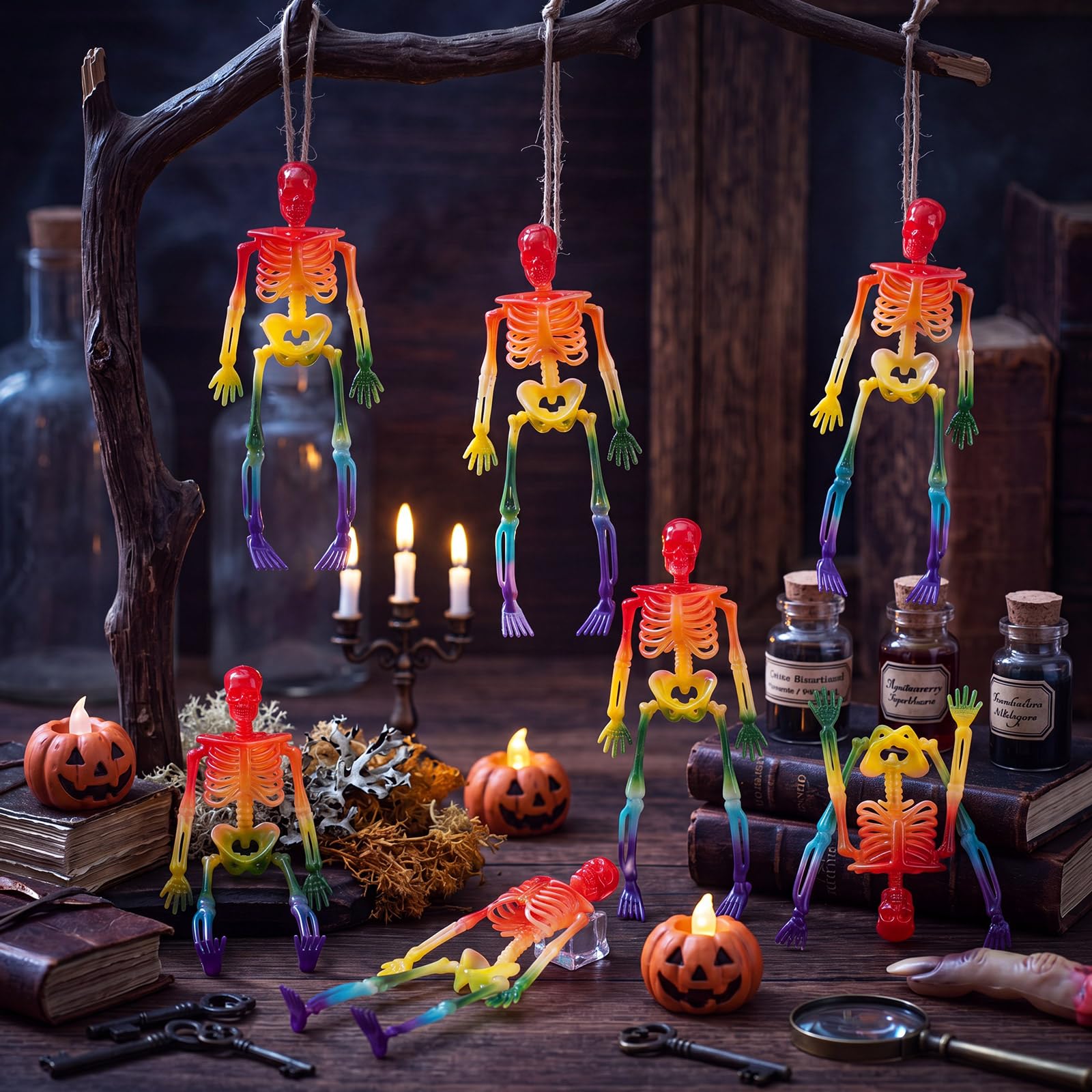 Geelin 18 mini figuras de esqueleto de Halloween con cordel de yute de 6 pulgadas, decoración de esqueleto de plástico pequeño degradado de arco iris para manualidades de Halloween, accesorios de casa