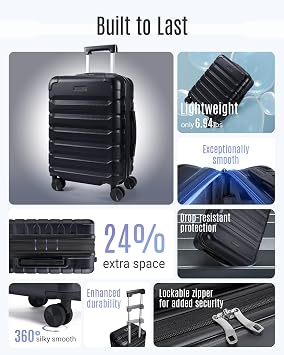 LIGHT FLIGHT Carry On Luggage 22x14x9 Airline Approved Suitcase,Black