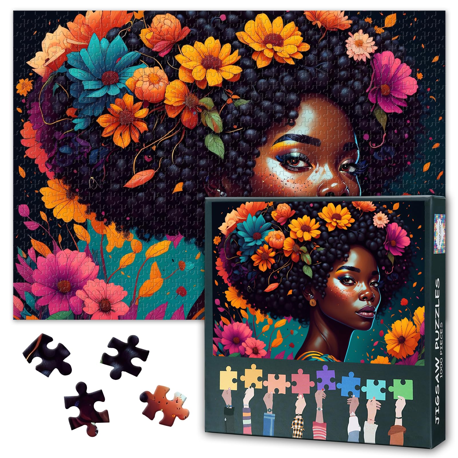 1000-Piece Puzzle - A Black Girl with Flowers in Her Hair 50x70cm Collectible Literary Art for Wall Decor, Oil Style Creative Puzzles Family Challenge Night & Adults