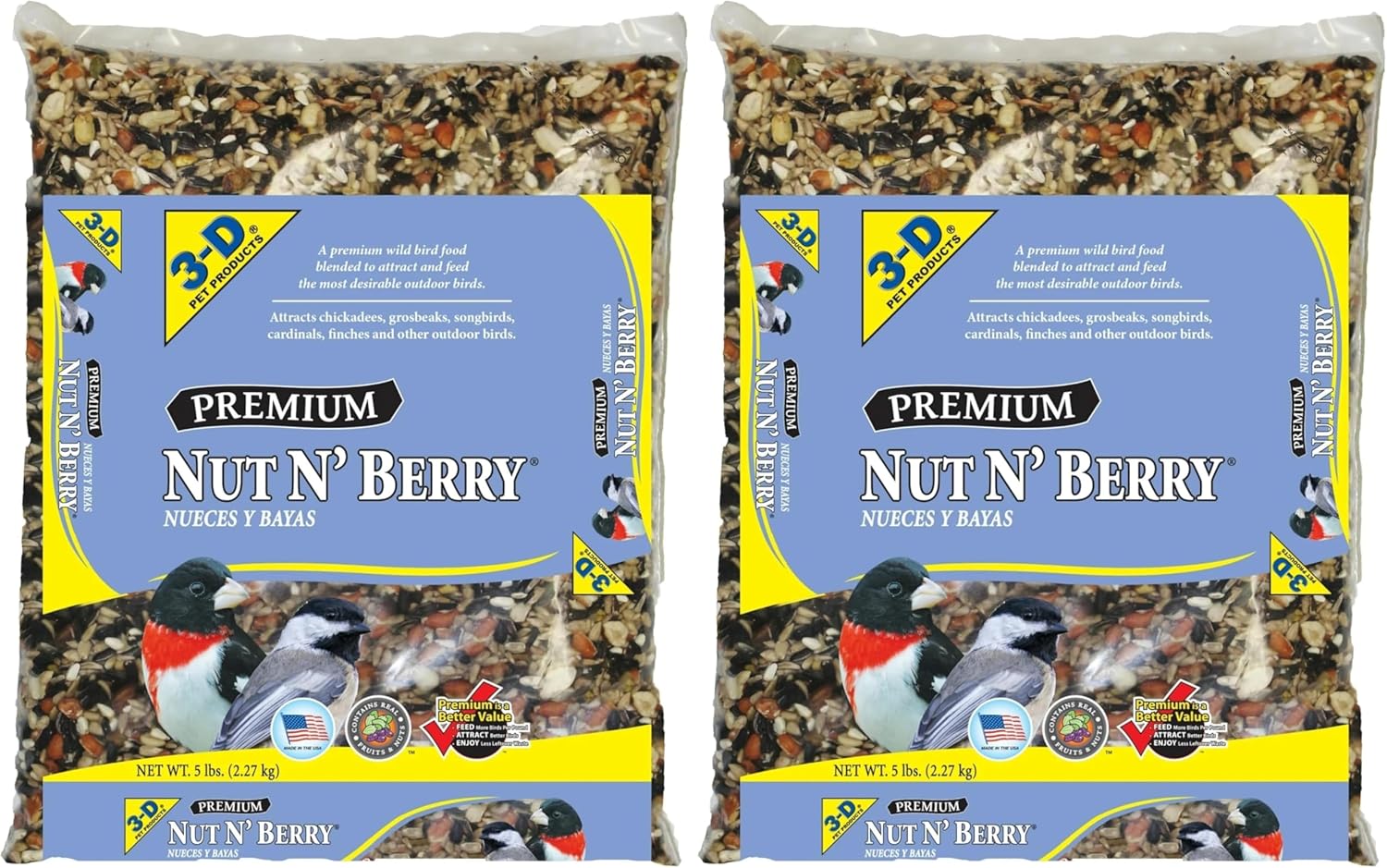 3-D Premium Nut N' Berry Wild Bird Food – Real Fruits, Nuts & Sunflower – No Fillers – Fortified with Vitamins & Electrolytes – Attracts Songbirds, Woodpeckers, Cardinals & More (Pack of 2)