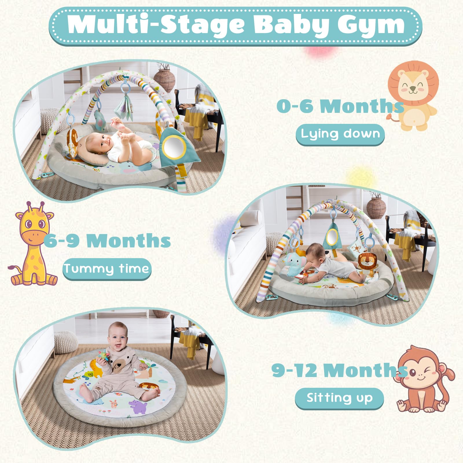 Tapis de jeu de bébé, Gymnase de jeu de bébé, Tapis de jeu en peluche avec 6 jouets et Coussin de lune, Gymnase de bébé de conception de Zoo détachable pliable pour les bébés âgés de 0 à 18 mois.