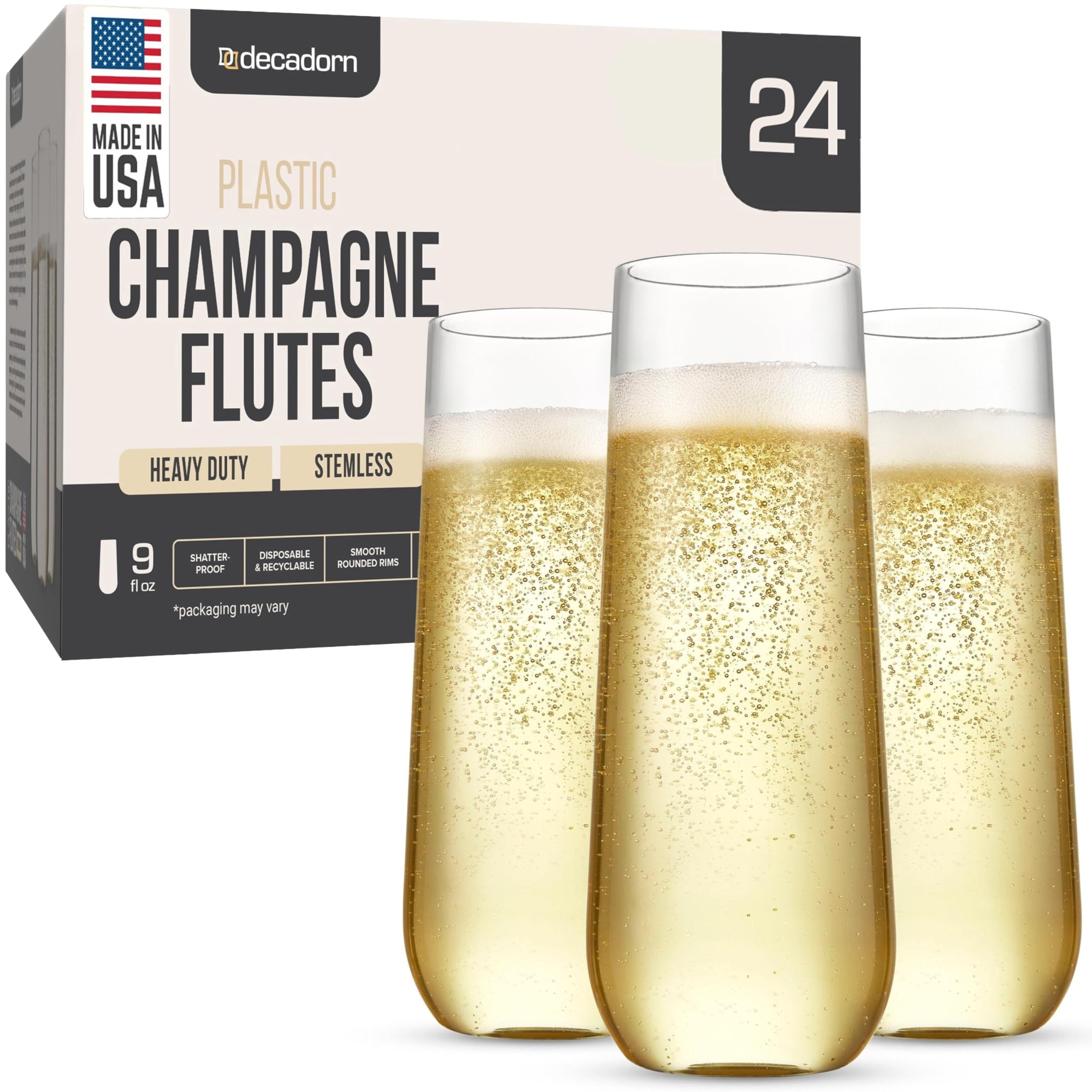 DECADORN Clear Stemless Champagne Flutes Plastic 24 Pack - 9oz Plastic Champagne Glasses - Durable and Sturdy Mimosa Glasses For Parties - Shatterproof, Recyclable, BPA-Free, Smooth Rims.