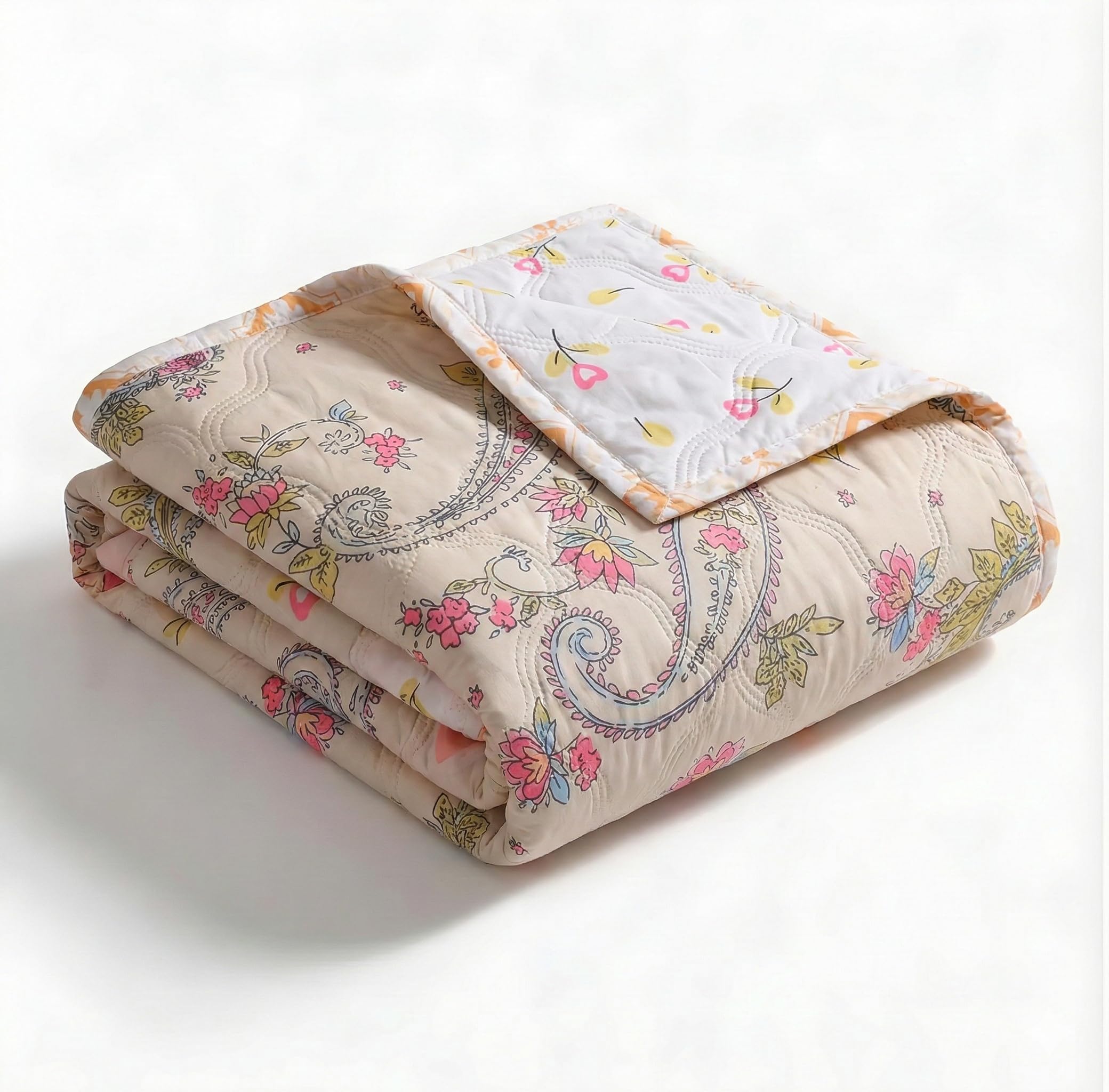 Kartikeya 100% Cotton Quilt Lightweight Floral A/C Dohar | Reversible All-Season Comforter Bed Blanket for Summer & Mild Winter | Ideal for Gifting (Single Bed, Cream Color Curry Design)-image-19