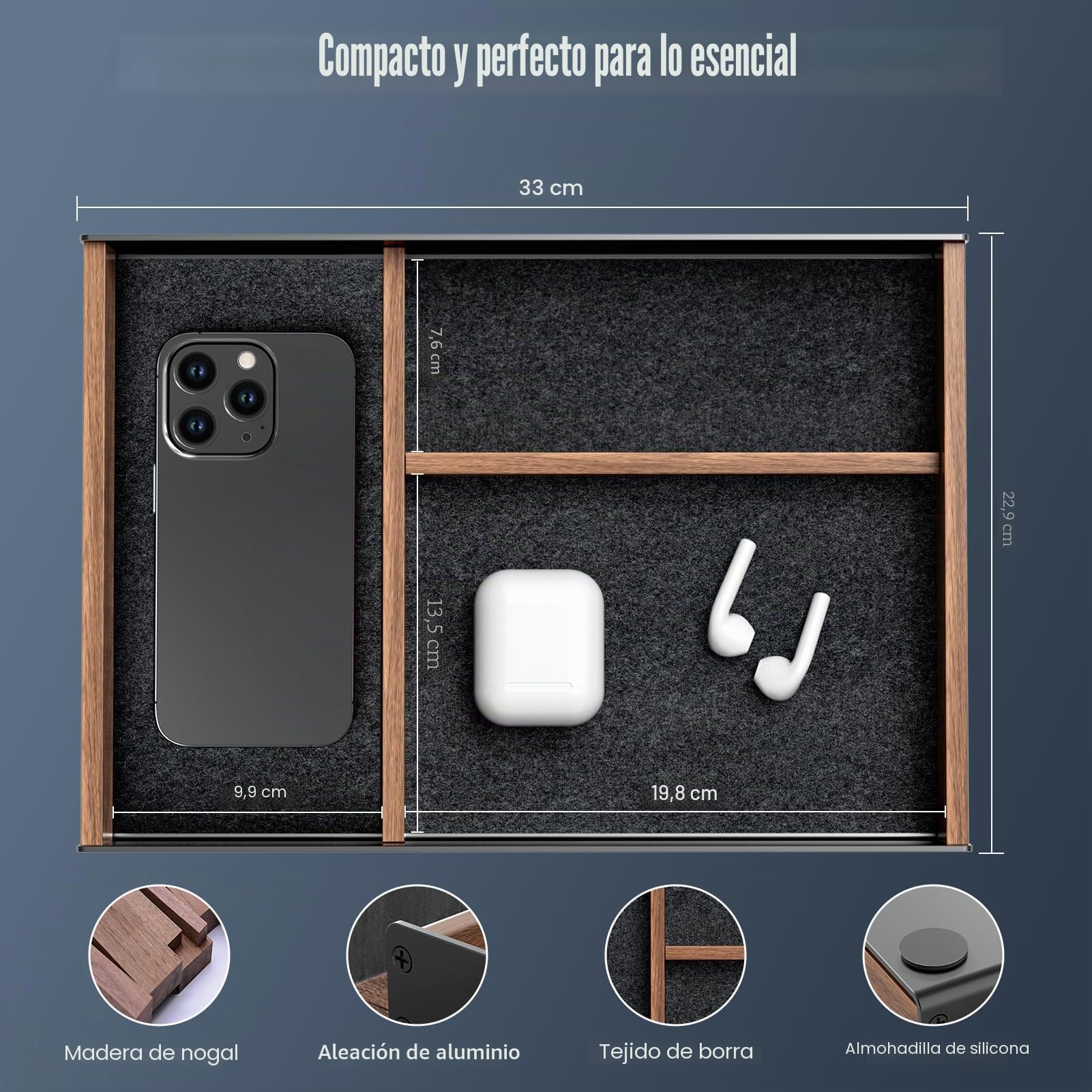 Bandeja organizadora de cajones de escritorio de madera de nogal, bandeja de valet hecha de aluminio y madera, accesorios estéticos de escritorio para oficina, espacio de trabajo, almacenamiento de