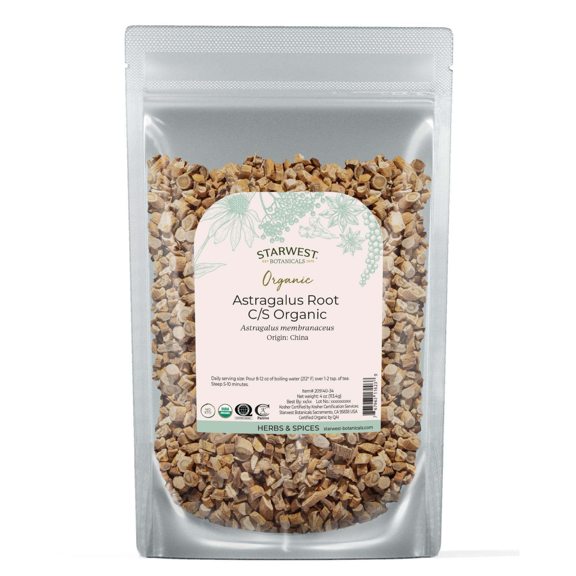 Starwest Botanicals Organic Astragalus Root - Dried Herb for Tea, Cut & Sifted, Certified Kosher, Non-GMO - 4 oz Pouch
